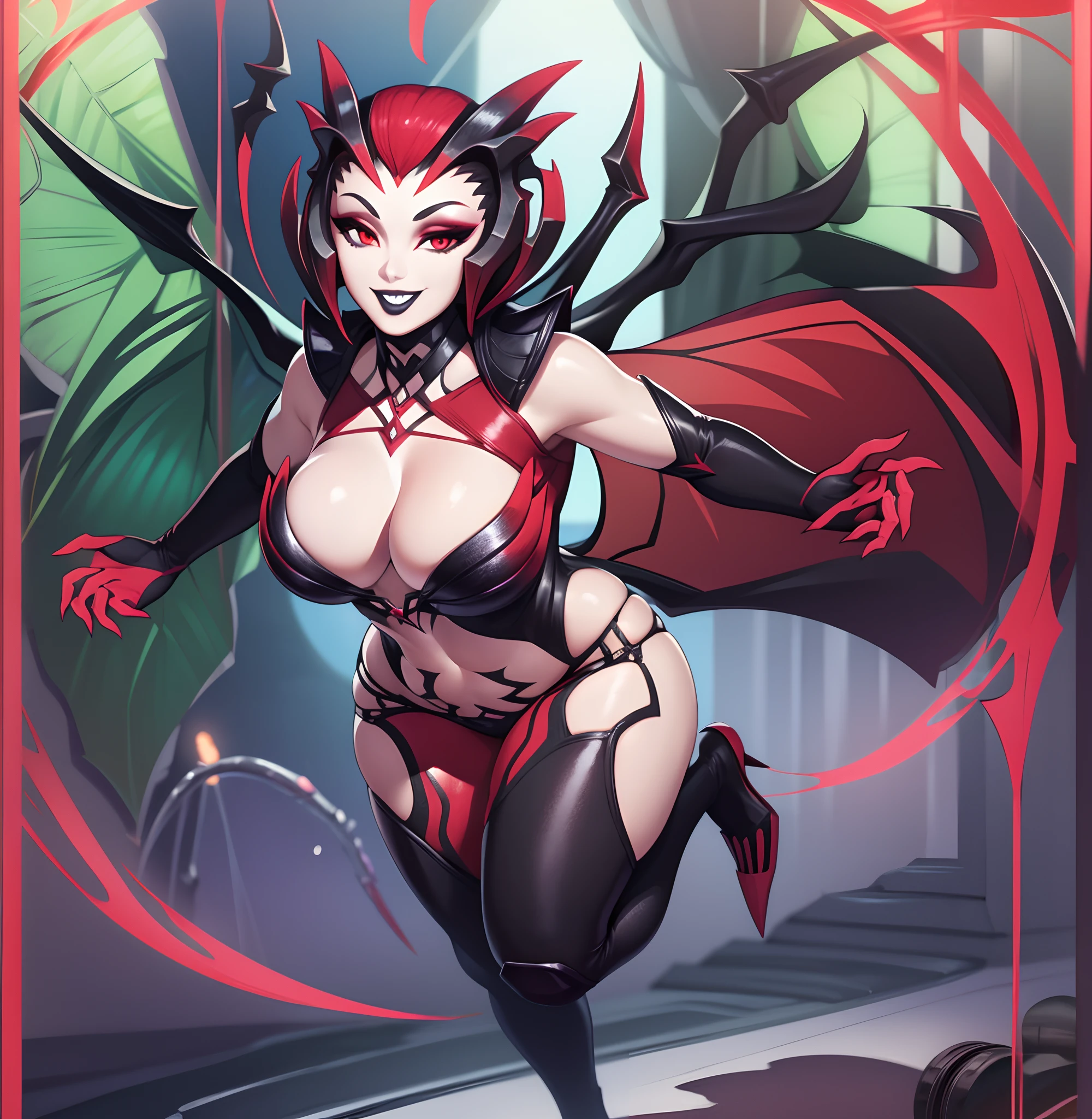 masterpiece, best quality, 1girl, elise, spidergirl, red eyes, large breasts, cleavage, black lips, makeup, eyeshadow, black eyeliner, smile, monster girl, full body, smile, possing, levitating,feets, wings , flying