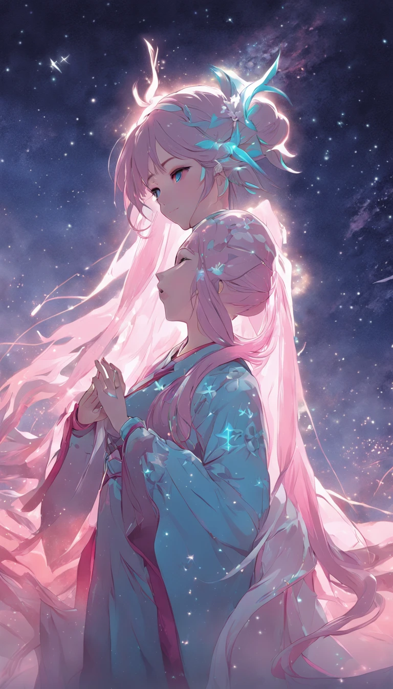 (best qualtiy，tmasterpiece), Beautiful teenage girl, Beautiful goddess, ((period costume, Hanfu, One shoulder)), Beautiful hair accessories, the night, starrysky, cold light, (In pink, cyan colors, white colors), ((From below)), ((full bodyesbian)), ((Realistic))