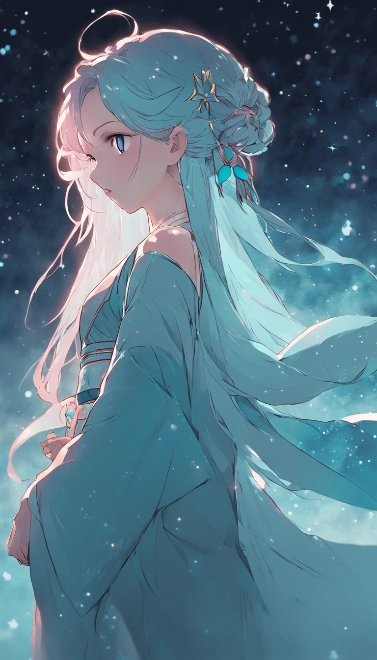 (best qualtiy,tmasterpiece), Beautiful teenage girl, Beautiful goddess, ((period costume, Hanfu, One shoulder)), Beautiful hair accessories, the night, starrysky, cold light, (In pink, cyan colors, white colors), ((From below)), ((full bodyesbian)), ((Realistic))