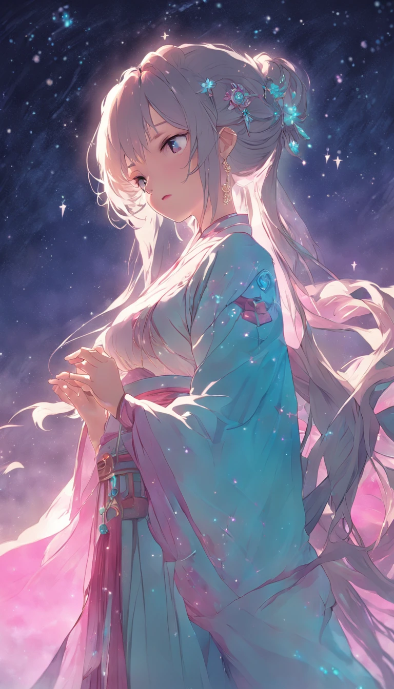 (best qualtiy，tmasterpiece), Beautiful teenage girl, Beautiful goddess, ((period costume, Hanfu, One shoulder)), Beautiful hair accessories, the night, starrysky, cold light, (In pink, cyan colors, white colors), ((From below)), ((full bodyesbian)), ((Realistic))
