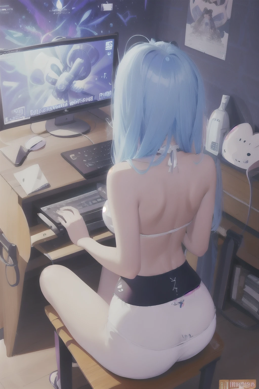 1girll,playgame,From behind,keyboards,Large display,backless,playing game