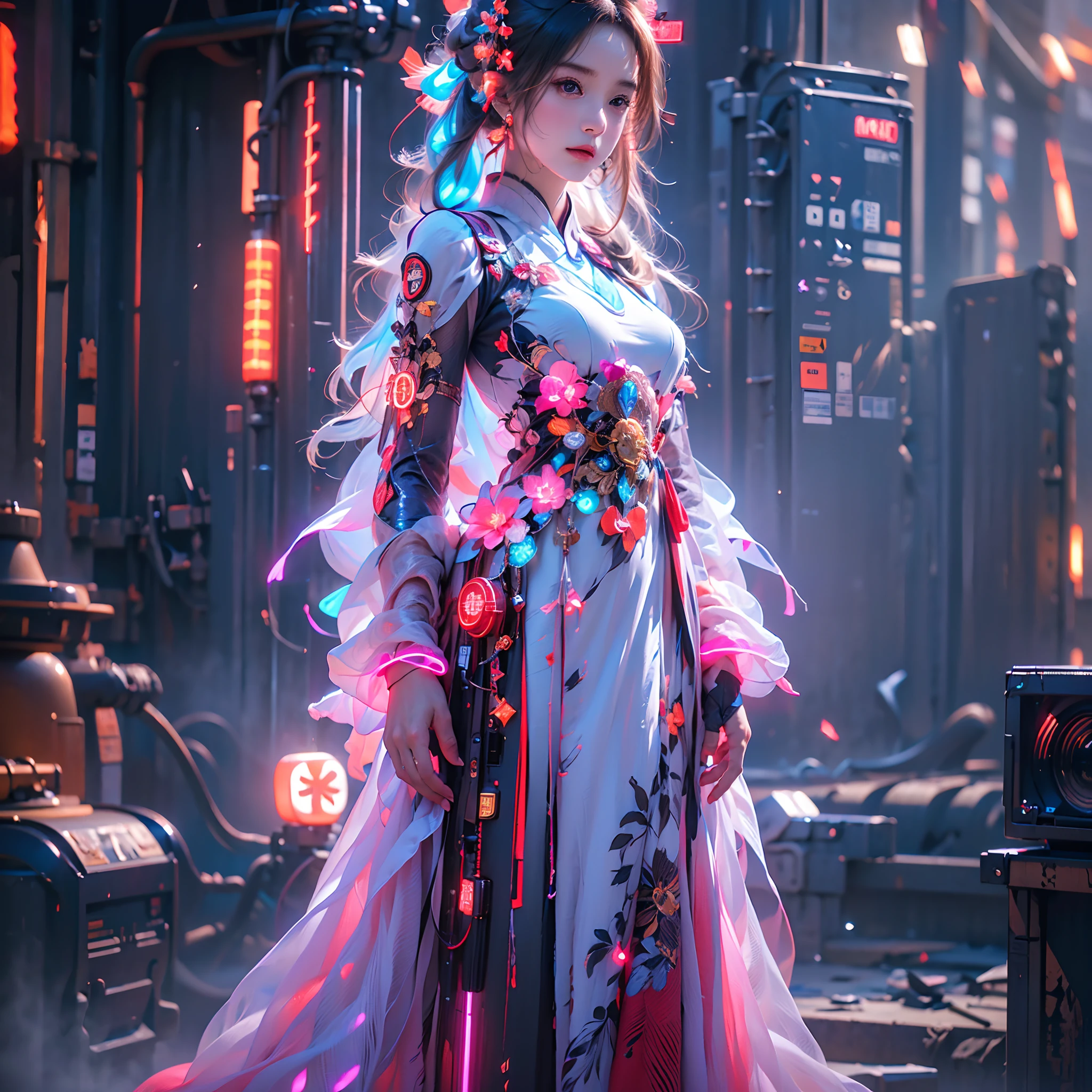 1 girl solo, perfect_hand, (8k, RAW photo, best quality, masterpiece:1.2), (realistic, photo-realistic:1.4), (extremely detailed CG unity 8k wallpaper),full body, (neon lights), machop, mechanical arms, hanfu, Chinese clothes, dress,