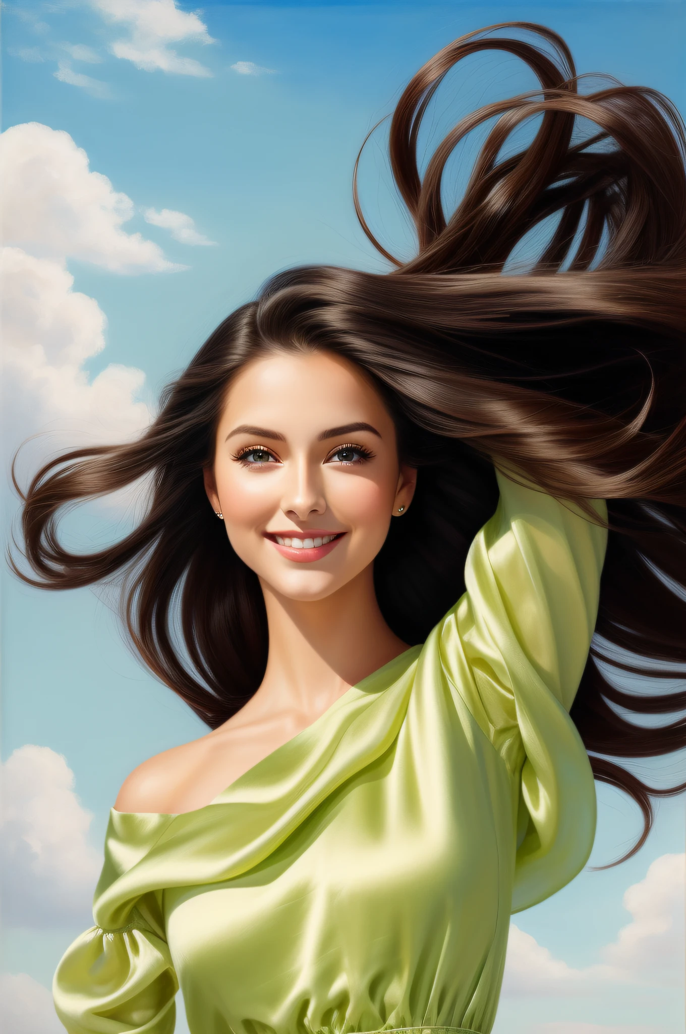 Painting of a woman flying through the sky, A beautiful silk dress, perfect face, long dark hair, large, striking green eyes, smiling, serene