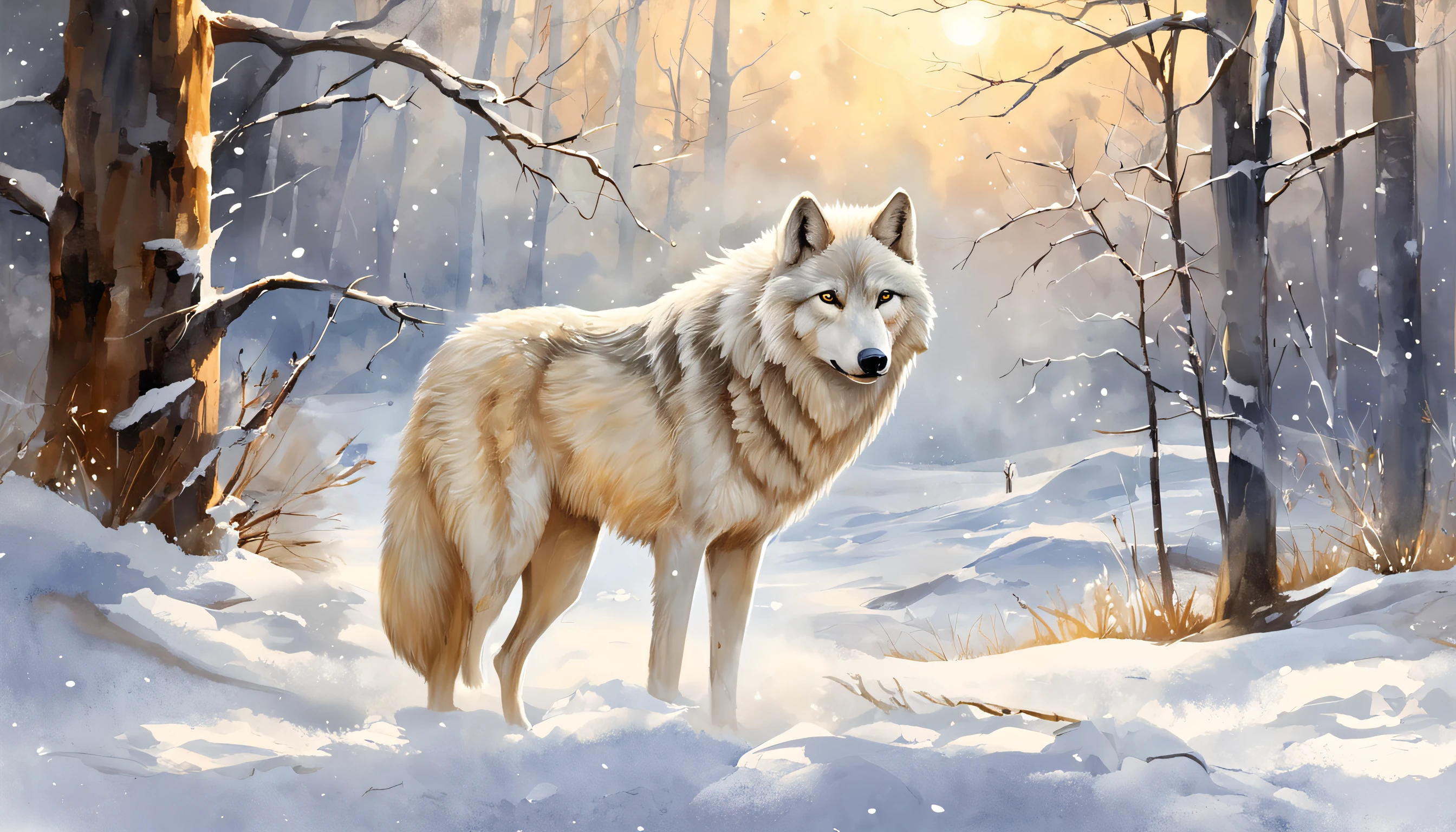 "Majestic white wolf standing in snow-covered landscape, Libere uma aura de beleza e poder."