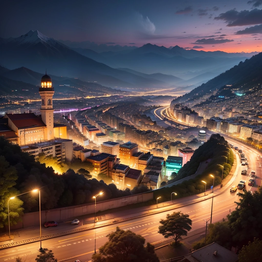 Capture the essence of Dehradun and Mussoorie in a cityscape that exudes realism. Highlight the intricate details, the interplay of lights, and the charm of these twin cities nestled in the hills. Let your artistry bring their beauty to life. --auto --s2