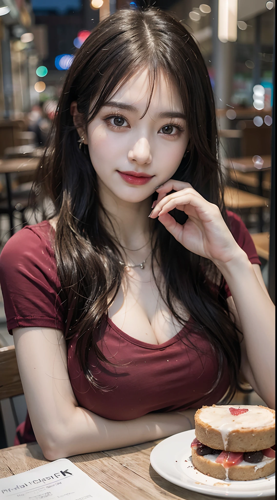 ((Best Quality, 8k, Masterpiece:1.3)), 40k, photography, Perfect Body Beauty:1.4, cinematic lighting, black long hair, straight Bangs, (red t-shirt:1.1) , (in front of cafe:1.2), Highly detailed face and skin texture, Detailed eyes, Double eyelids, whitening skin, perfect face, (huge breasts:1.5), (nighttime), smile, earrings, necklaces, mature women, coffee and cake on table, (a women sitting in front of cafe),