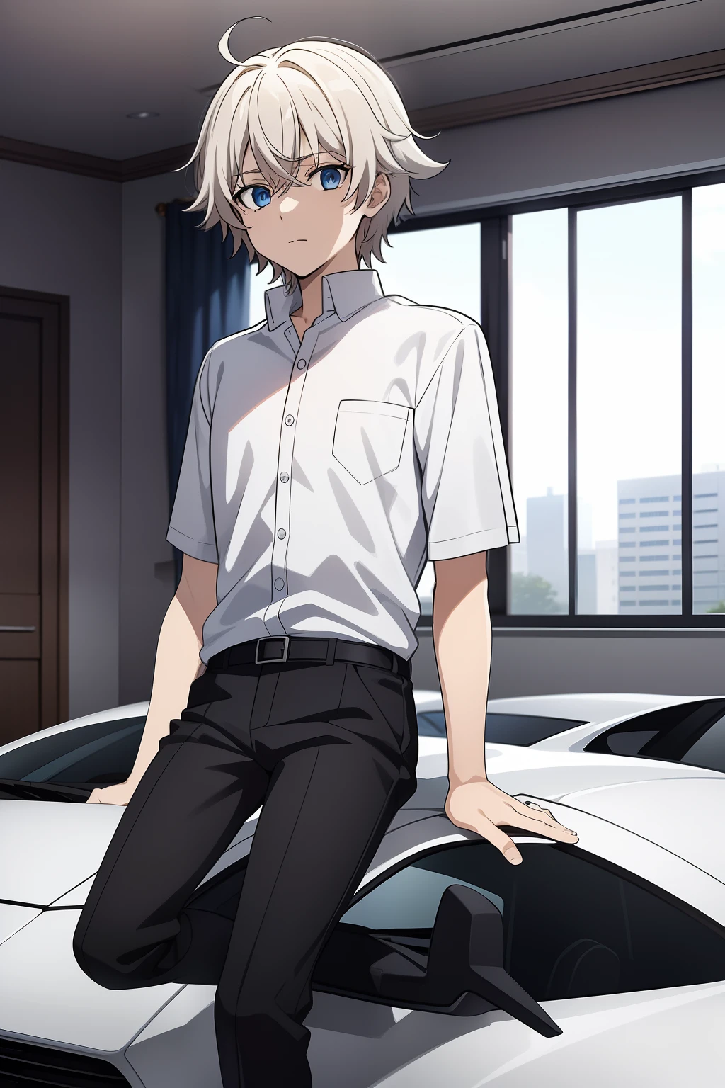 He had light bloonde Messy hair , blue eyes , He had medium build , He was wearing his school unifrom its made of a White shirt , Black pants ,black boots , he is 14 years old , he was stading next to a Sport car