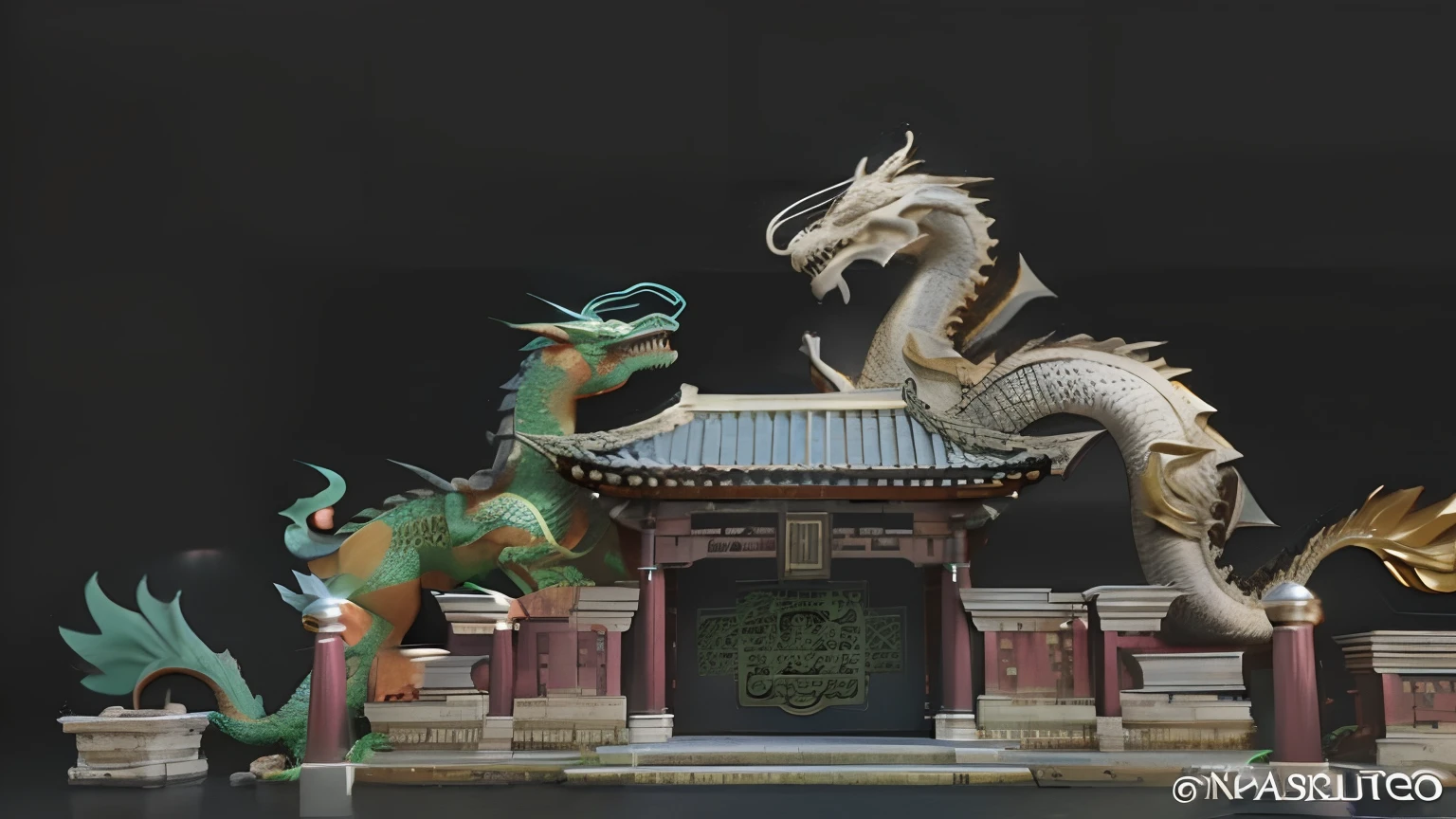 Close-up of dragon statues and buildings, chinese dragon concept art, chinese dragons fighting, china silk 3d dragon, highly detailed 3 d art, noriyoshi ohrai masterpiece, Beautiful rendering of the Tang Dynasty, Dragons, Chinese Dragon, shenron, dragon design language, 8 k high detail and intricate, Dragon Art, intricate highly detailed 8 k