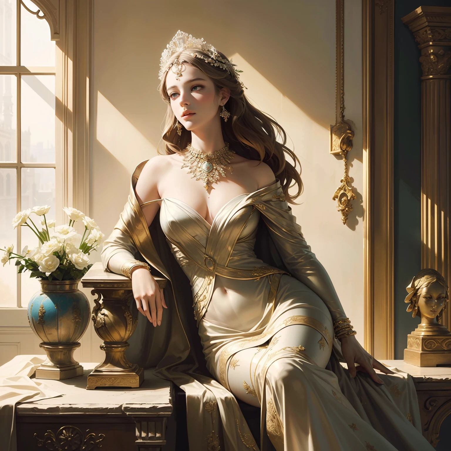 classical aesthetics,Beautiful and meticulous portrayal,High-definition detail,Half-length statue of an ancient beauty,The posture is natural,The details stand out,Flowers, vines, butterflys,lovely lips,Revel in the eyes, Smooth hair,Beautiful face,Ink painting effect,Natural light