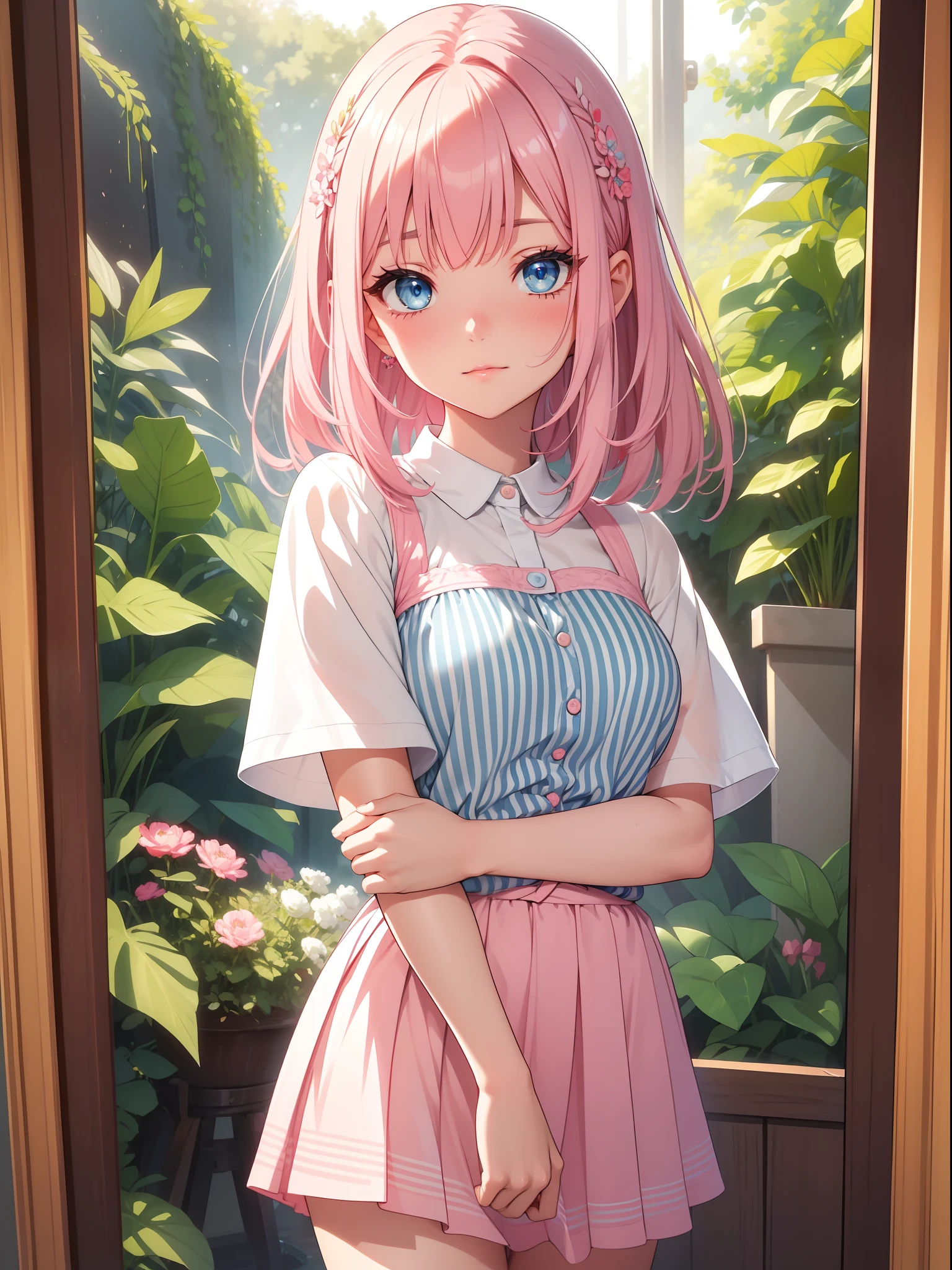 Top quality ultra-detailed CG art、Upper body naked、pupils on:1.2)Pink head、Glossy hair、smooth hair、large blue eyes,Mid summer、Delicate body、cheerful girl、Tying hair、、bob cuts、vertical stripes、Art Room、Painting、student clothes、shortsleeves、a miniskirt、