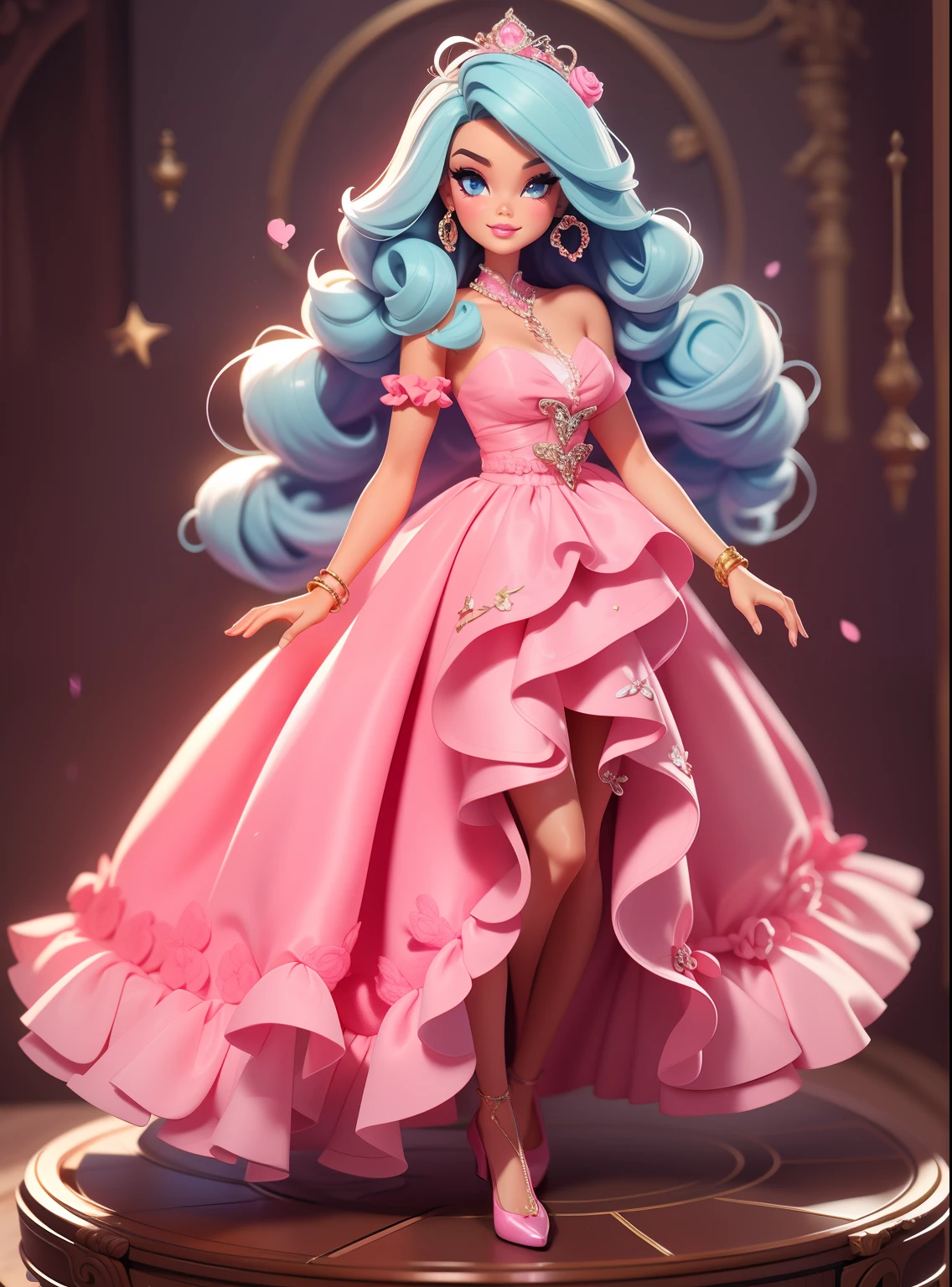 Menina loira fofa, Estilo barbie. vestido rosa, cenario de doces, cabelo comprido