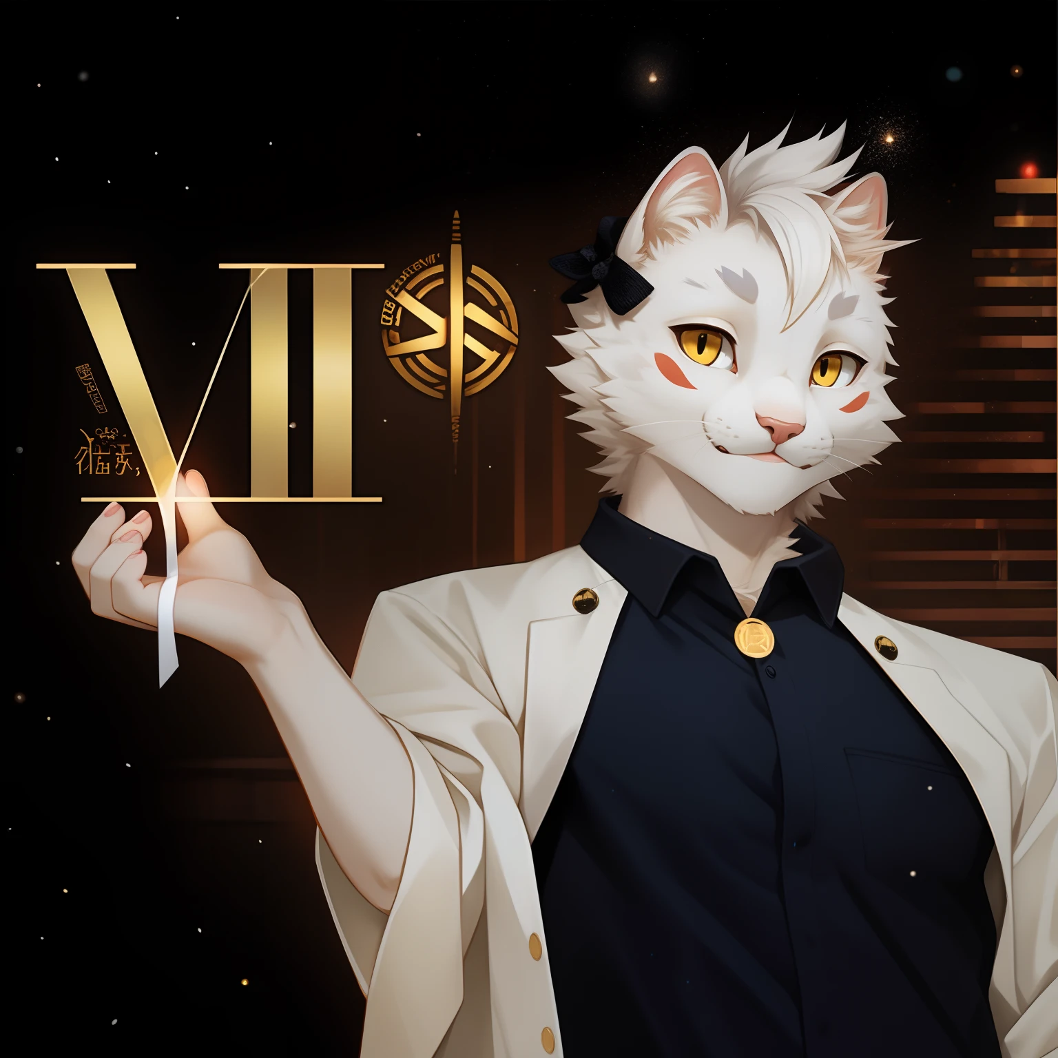 There is a little white kitten holding a golden logo,Face the screen with a cute expression,Yellow eyes,White kitten