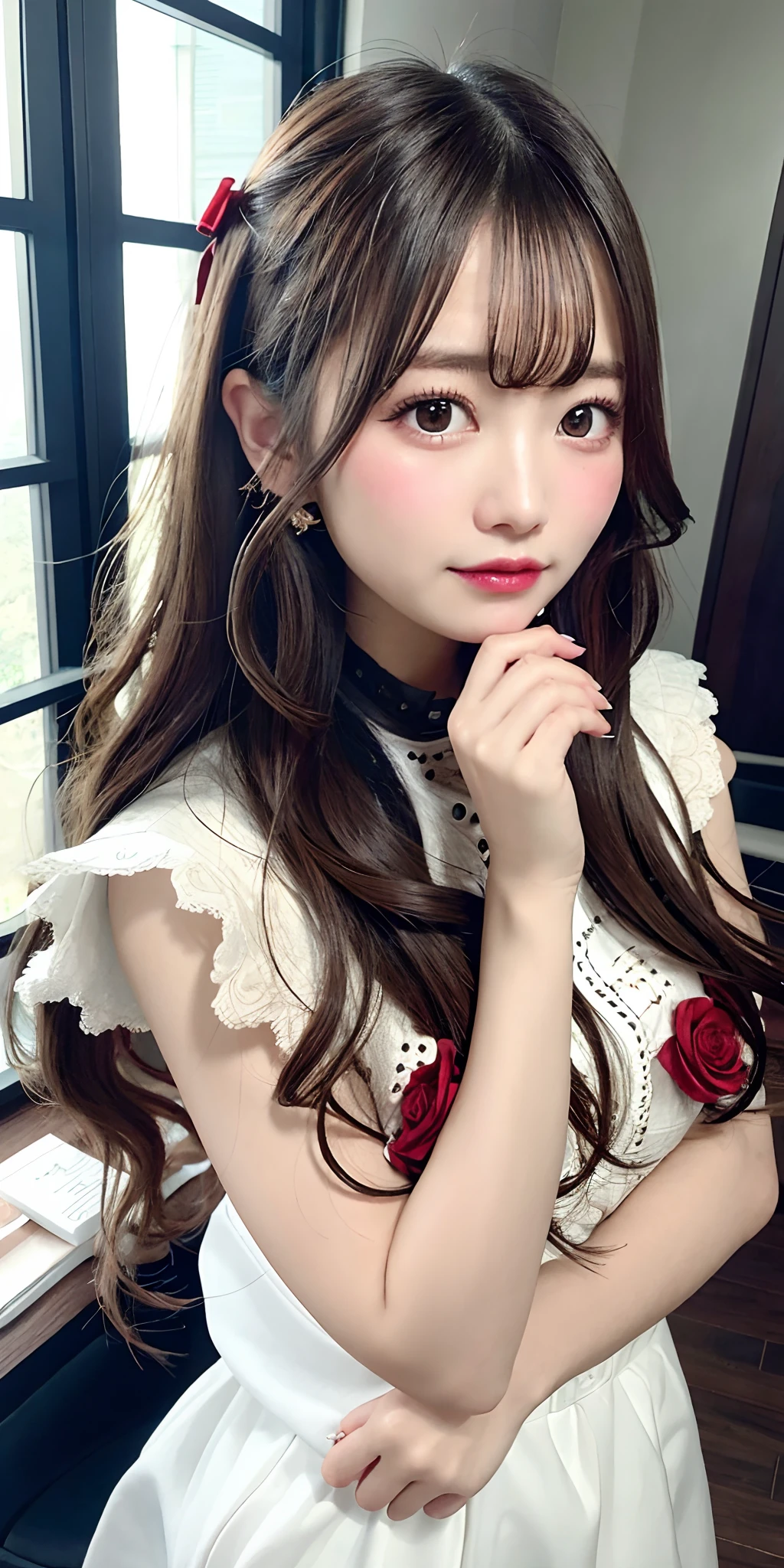 One girl walking on the river、Mix 4、Sweaters、PILLOWS、s lips、Opening Mouth、realisitic、a picture_\(Curly\)、独奏、animal stuffed、Stuffed toys、teddy bears、(​masterpiece)、(Photorealsitic:1.3)、ultra-detailliert、(high detal)The skin:1.2)、(top-quality:1.0)、(超A high resolution:1.0)、(Orchan-6500:0.3)、Wavy detailed hair、length hair、rays of sunshine、(Beautiful detailed makeup)、(sexual excitement、red blush、Rough breathing:1.0) )、Studded flower themed petals、(soft glow bloom:0.5)、Raw photo