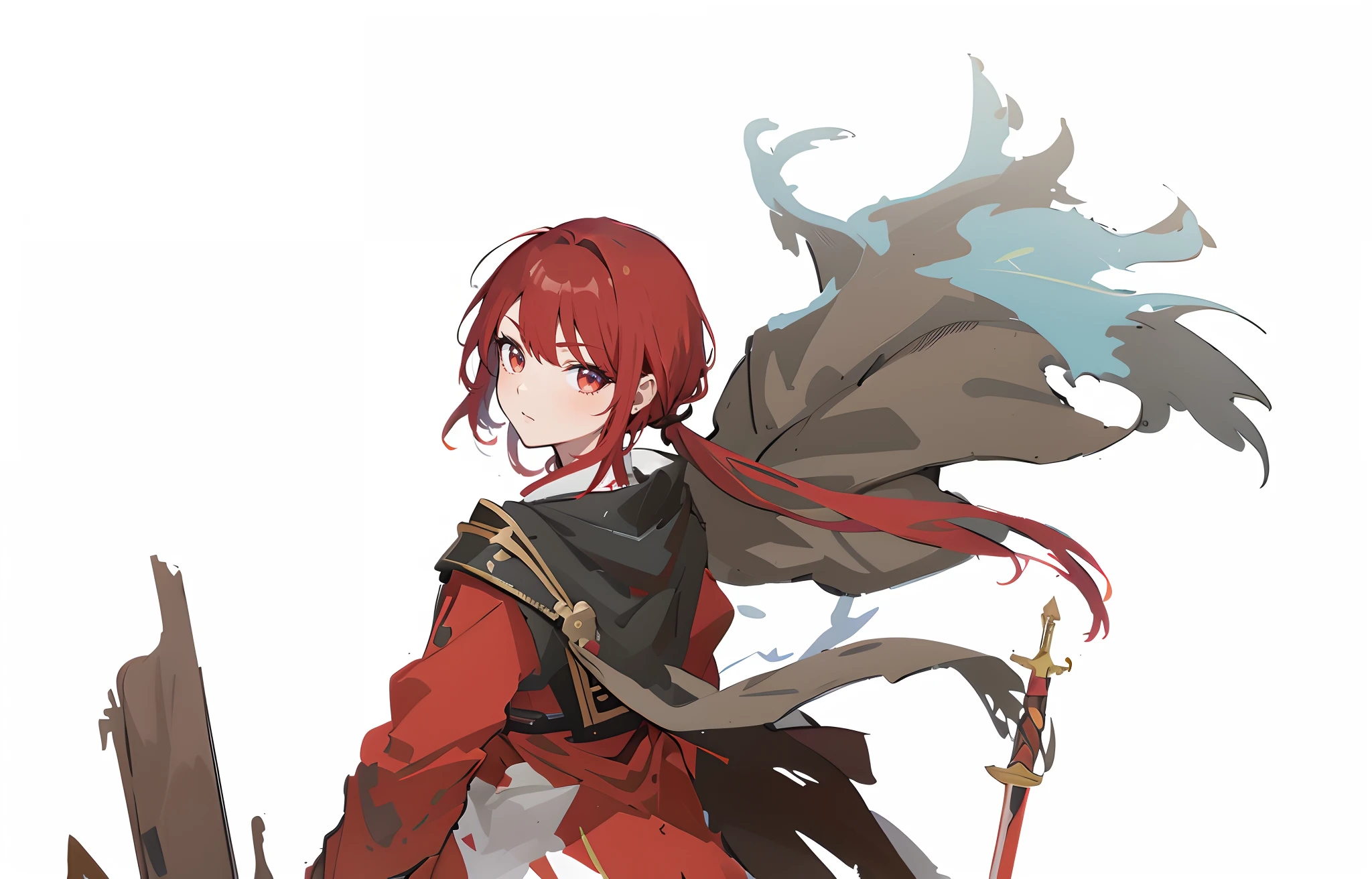 Anime character with red hair and cape holding a sword, Female protagonist, Female protagonist 👀 :8, Ayaka Genshin impact, Genshin, Keqing from Genshin Impact, Genshin impact's character, Guviz, Anime character art, zhongli from genshin impact, detailed anime character art, isekai, official character art, red hooded mage, Also
