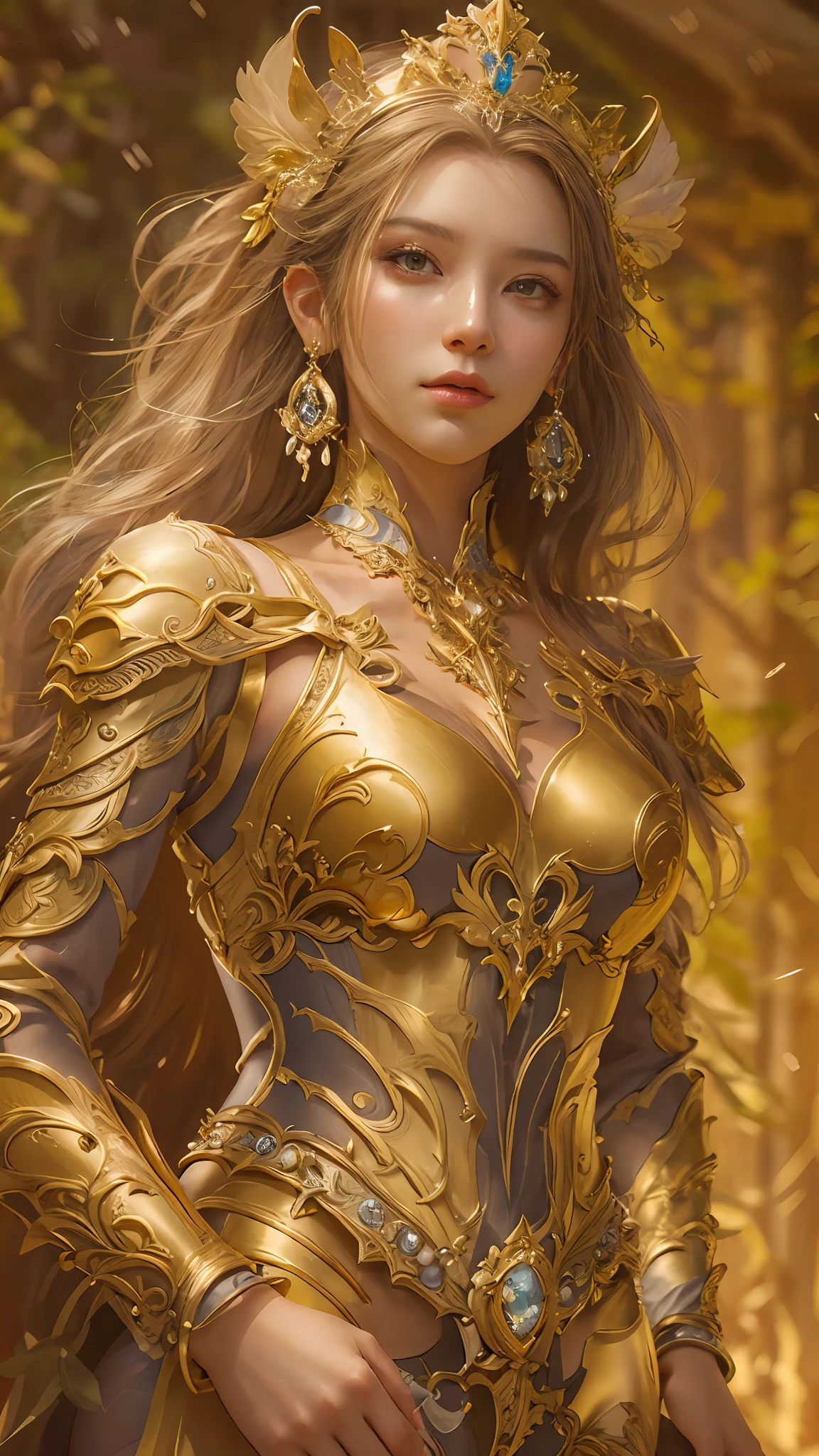 Woman in a golden dress, True Art Station, Rainstorm site, detailed fantasy art, Stunning character art, Beautiful and exquisite character art, Beautiful golden armor, Extremely detailed, Girl in shiny armor, Exquisite tiaras and jewelry, Full body capture,