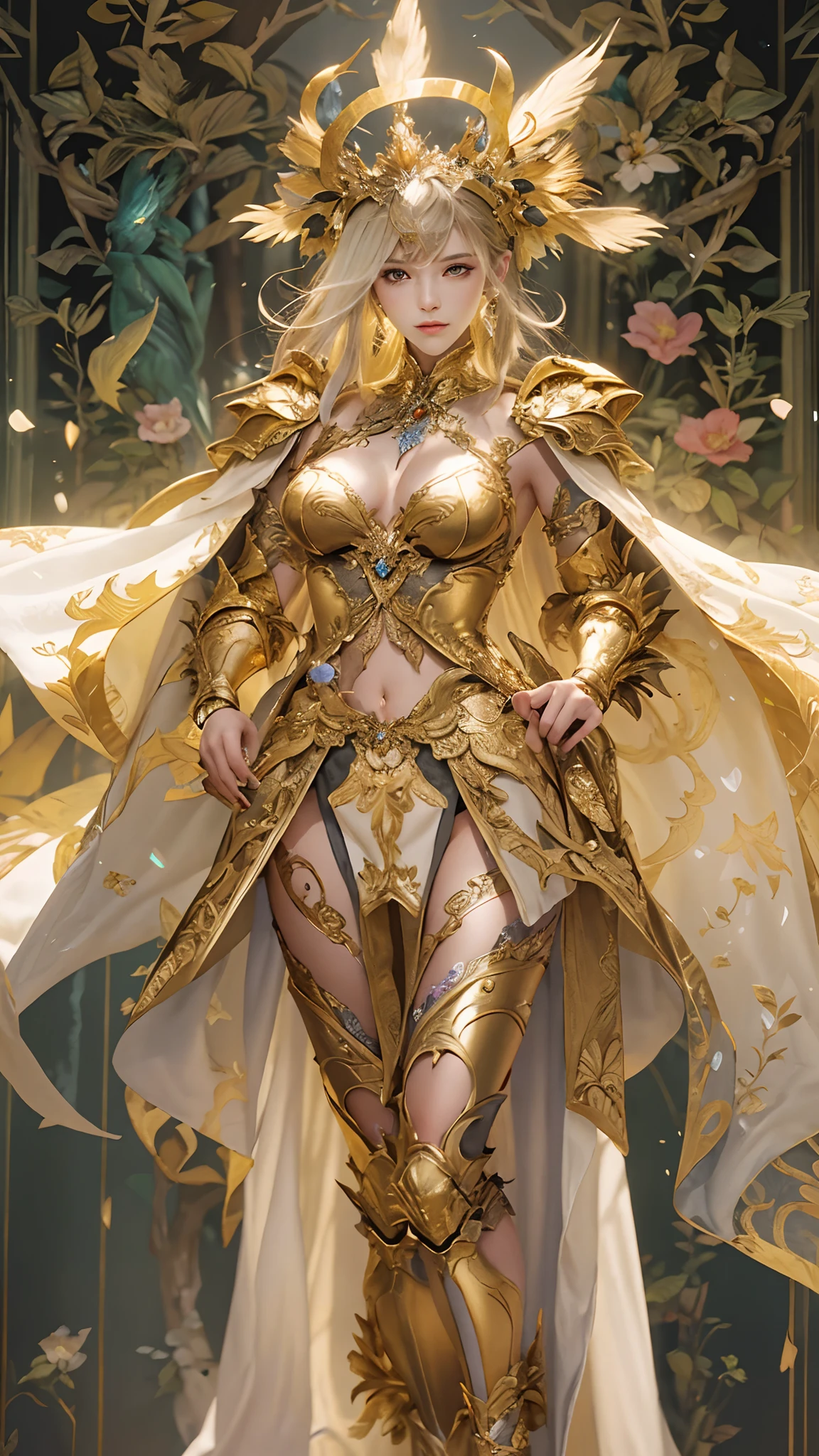 Woman in a golden dress, True Art Station, Rainstorm site, detailed fantasy art, Stunning character art, Beautiful and exquisite character art, Beautiful golden armor, Extremely detailed, Girl in shiny armor, Exquisite tiaras and jewelry, Full body capture,