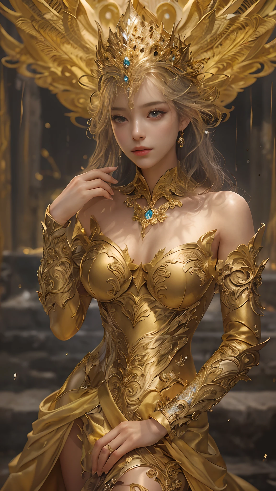 Woman in a golden dress, True Art Station, Rainstorm site, detailed fantasy art, Stunning character art, Beautiful and exquisite character art, Beautiful golden armor, Extremely detailed, Girl in shiny armor, Exquisite tiaras and jewelry, Full body capture,