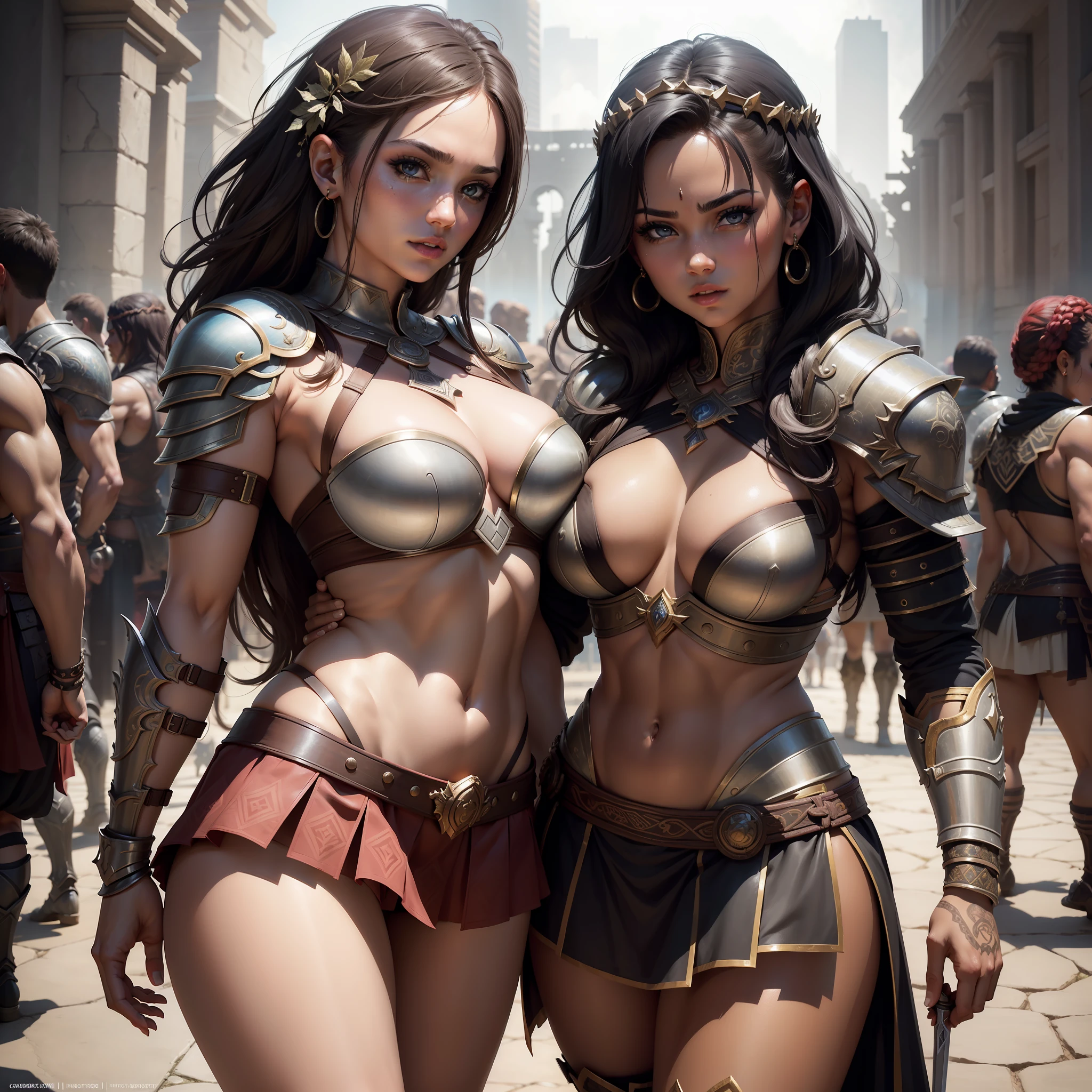 (masterpiece), top quality, expressive eyes, perfect face, smooth skin, tribal tattoo, from the front, big boobs, female gladiator in a short skirt and skimpy body armor, sword, colluseum, outdoors, arena, crowd, 8k_wallpaper, eye detail, body detail, finger detail, ((perfect)) anatomy, best hand)), (fine detail:1.3), (height detail:1 ,3), ( illustration :1 , 3 ), (sharp focus:1,3), (natural light:1,05), (light color:1,3)