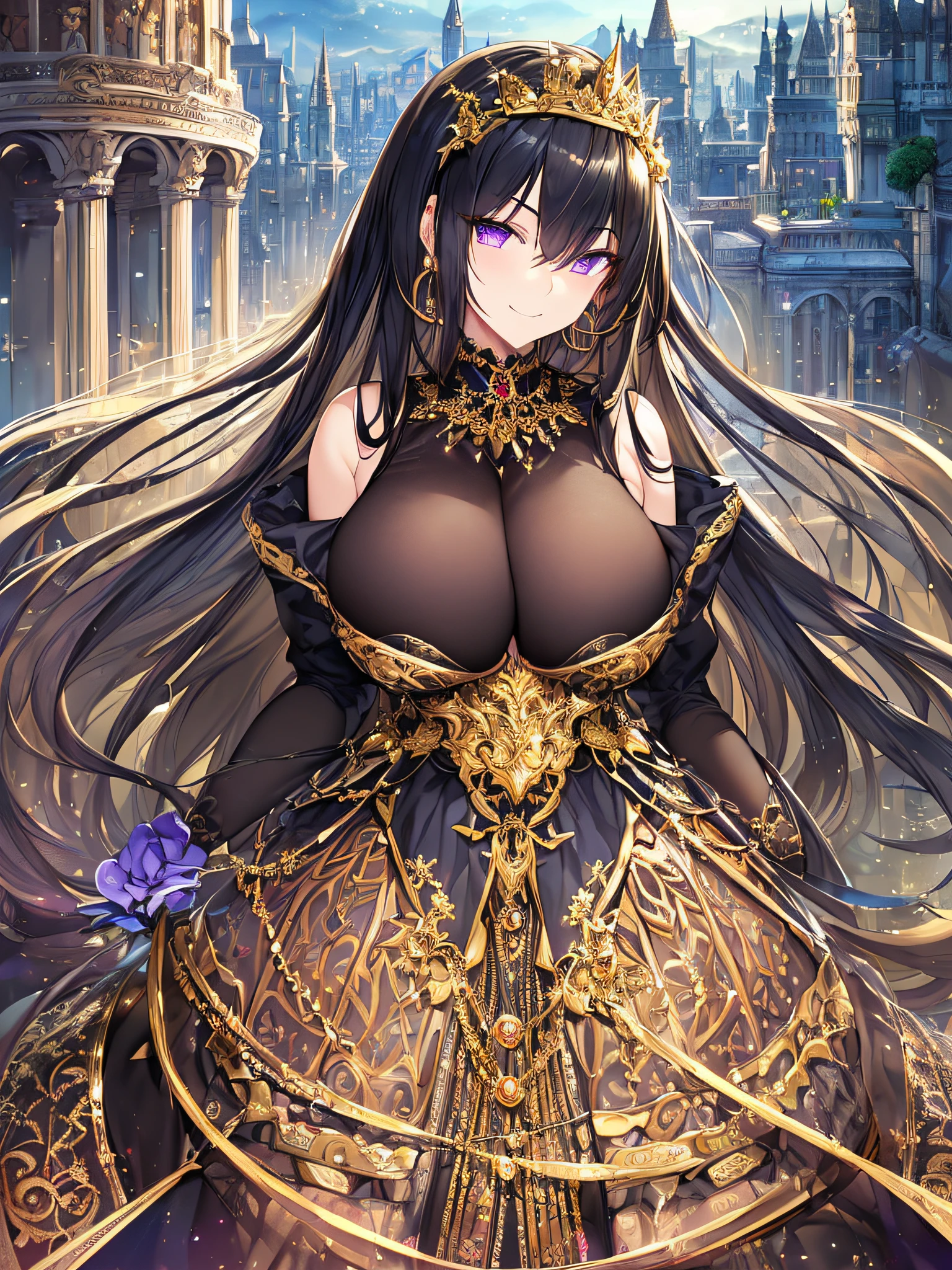 ((anime artstyle)),(Masterpiece),(Best Quality),(Super Detail),(Very Delicate and Beautiful),Solo,((full body)),((standing in the balcony of the palace,Overlooking a detailed fantasy city night view,outdoor)),BlingBling,((1 arrogant princess in beautiful embroidery black and gold gorgeous rococo ballgown with voluminous full length hoop skirt)),(crinoline),gorgeousfull embroidery,Long train,((arrogant,haughty)),((arrogant smile)),Sharp eyes,(gorgeous gemstone jewelry),detailed face and eyes,jewel-like eyes,Purple eyes,(Bangs between eyes),((large amount of straight hair,extremely Long voluminous black Hair)),((gigantic tits,Long tits)),gorgeousfull embroidery,cleavage,extremely gorgeousfull hair ornament,(bling-bling extremely gorgeousfull jeweled tiara),gorgeous corsage,(Dynamic Angle),Looking at viewer,((full body)),outdoor,flowers,((beautiful embroidery and glitter jeweled black and gold gorgeous rococo ballgown with voluminous full length hoop skirt))