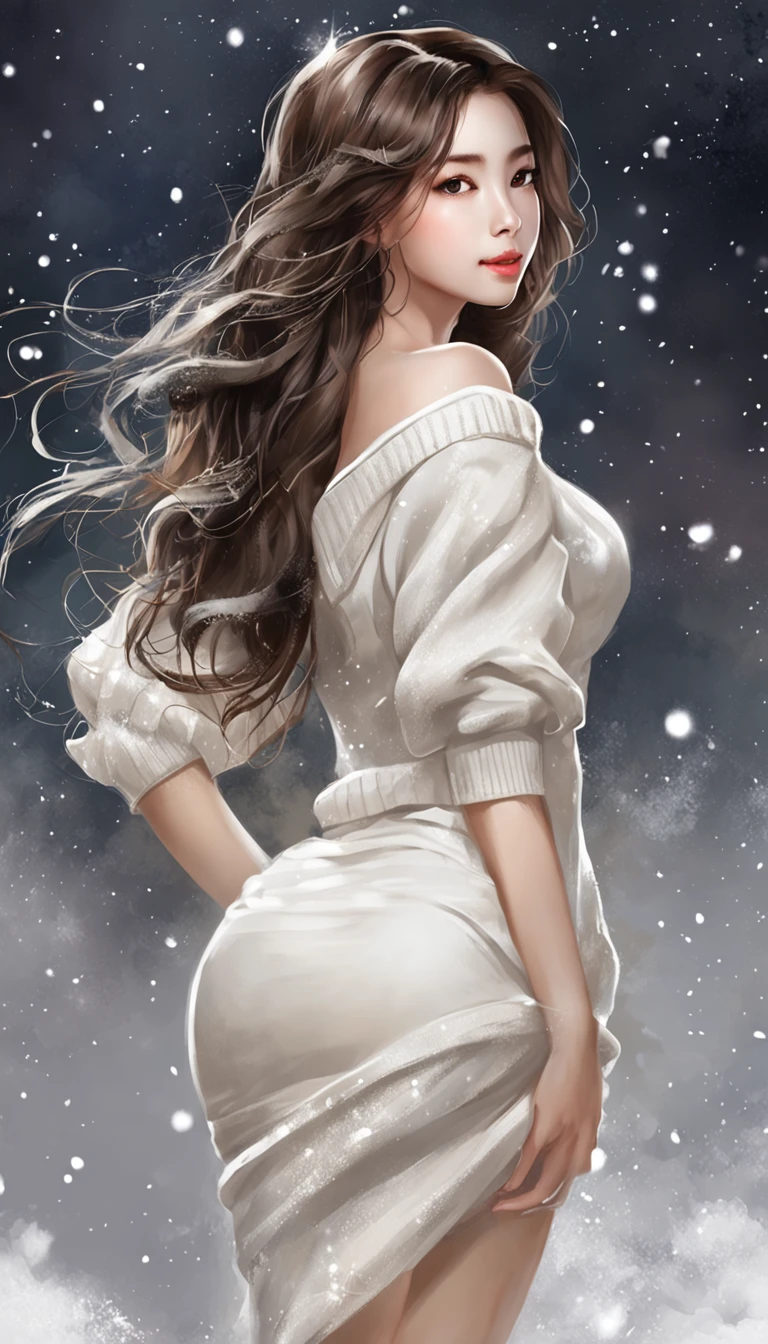 ((looking back)), (((full body))), ((realistic)), ((from behind, from below)), ((off shoulder clothes)), Beautiful young girl, Beautiful Korean model, cabellos largos dorados, curlies, By bangs, (slender leg), (cold light, the night, starrysky), (at winter season, nevando). ((White sweater, Short black skirt), Detailed scenes, the detail,Hyper-detailed, (correct hand), (anatomy correct), (best qualtiy,tmasterpiece)