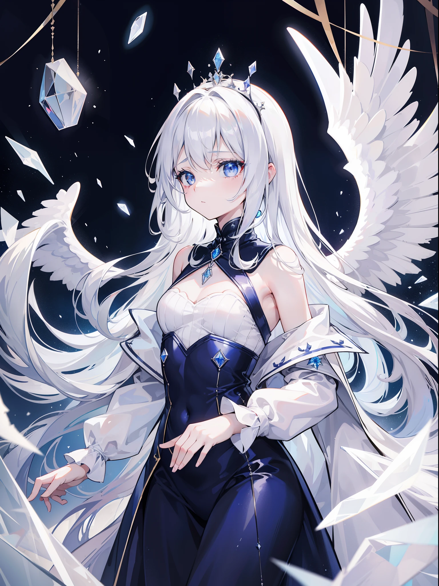 1girl, navy very long curvy hair, pretty, sadist expression, careless, psychopath, perspective, white crystal eyes, light particles, wallpaper, princess crown, white long bride clothes, fallen angel, broken angel wings, scratch, small wound,diamond pendant, standing, light crown,