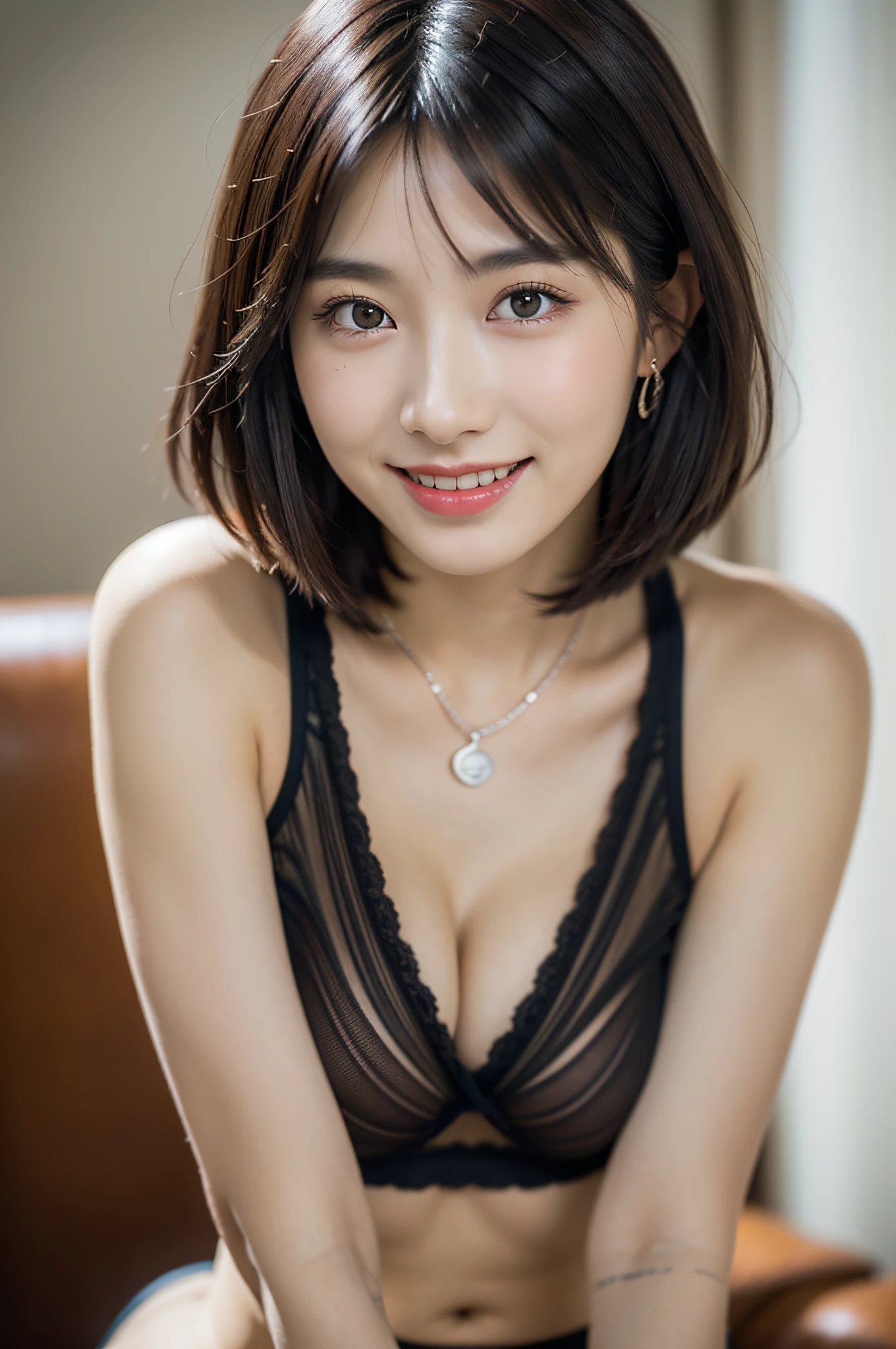 masterpiece,masterpiece, top quality, best quality, realistic, unity, 8k wallpaper, official art, extremely detailed CG unity 8k wallpaper, ulzzang-6500, (original: 1.2), (realistic: 1.4), ultra detail, high resolution, ultra detailed,amazing, fine detail, cinematic lighting,
(1girl:1.4 ), (brown|black hair:1.4), medium hair, (realistic skin:1.2), (light brown skin:1.2),(small breasts), beautiful girl with beautiful details, extremely detailed eyes and face, eyes with beautiful details, huge file size, ultra detailed and beautiful, blushing, ashamed,(smile:1.2), black eyes, model shoot tyle, full body shoot, (random color lace underwear), earings, chain necklace, loft apartment, living room, (almost empty room),