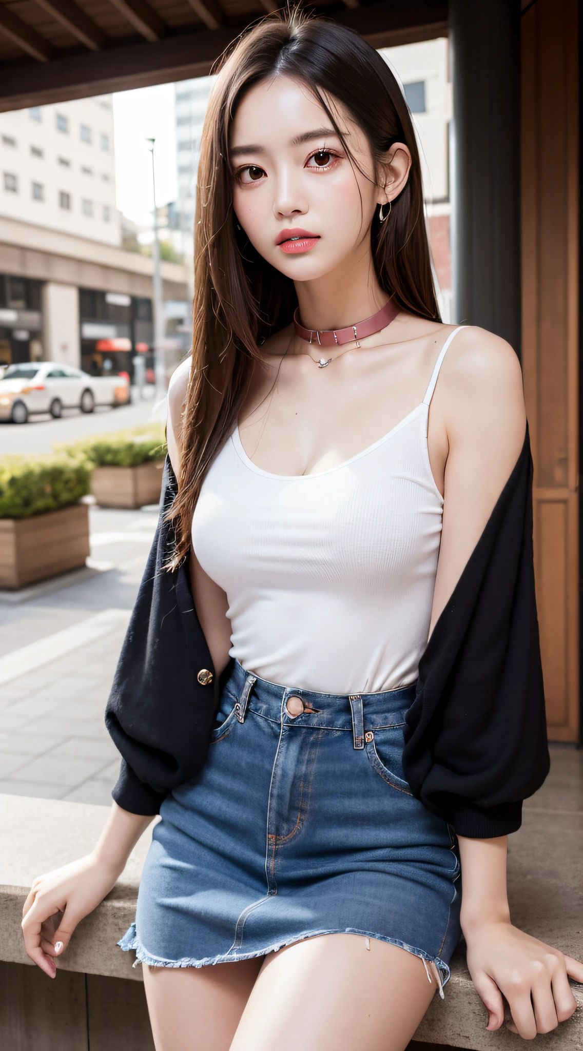 (Best Quality, 8K, masutepiece, Ultra HD: 1.3), 1girl in, small tits ,light brown hair, Blunt bangs, hair behind ear, hair over shoulder, Long hair, slender body shape, Ultra Fine Face, Delicate lips, Beautiful eyes, Double eyelids, lipsticks, thin blush ,Black eyes ,perfect glossy skin,flawless skin fair white skin ,Glistening sweat,A gaze that captivates you, Chest,Ultra-thin hands, Ultra-fine fingers, shirt with collar, tight skirts , beauty legs ,Low Heels. outside of house、In the middle of a date