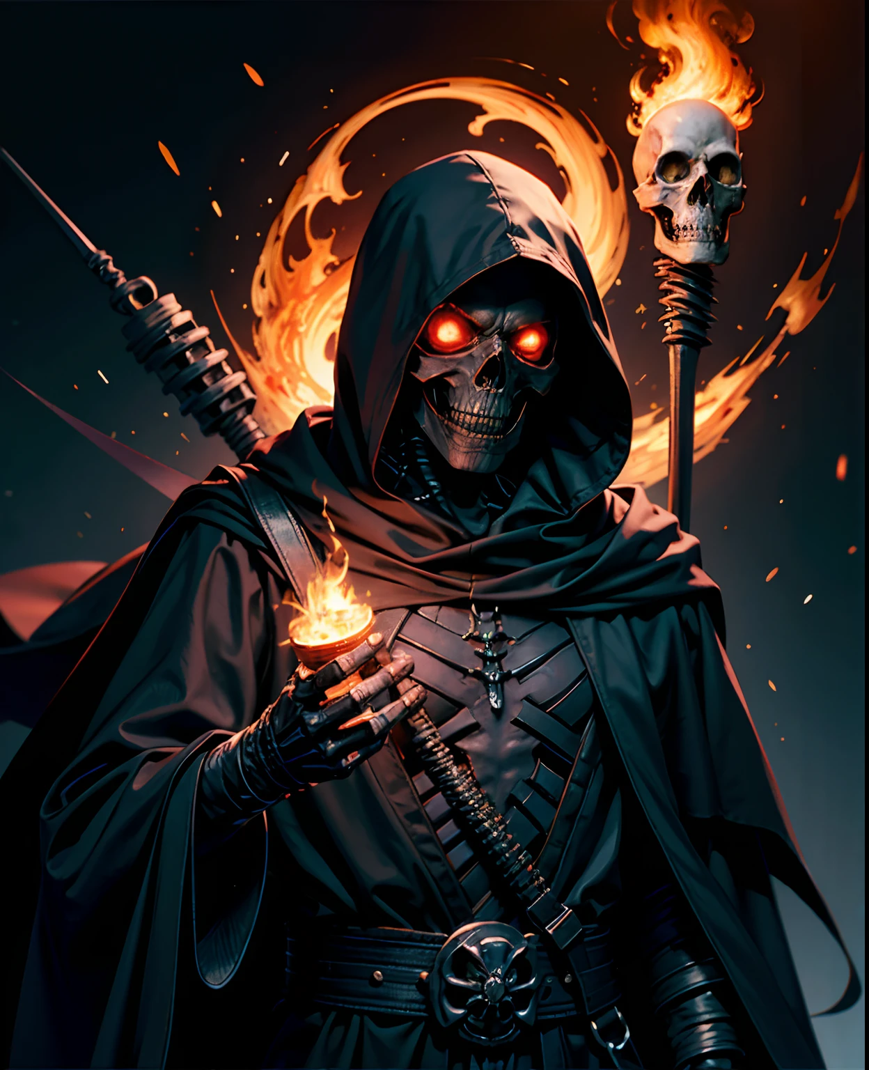 Hood, Scull, a skeleton, One, 1 boy, male focus, fire, robe, Hood up, cloak, upper body, copyright name, Black background,Scull face,Scull tattoo on facezdeath,soul,soul reaper , I'm holding a sieve,direct welder