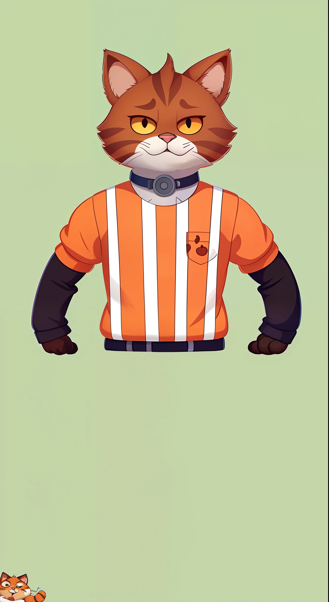 There is a cat that is wearing a shirt and a leash, Feito em Adobe Illustrator, mascote de corpo inteiro, the cat is orange, Seguro para o trabalho. illustration, Criado no Adobe Illustrator, official character illustration, anthropomorphic cat, Rabbt_character, Nick Wilde, Zootopia, illustration detailed, Mascot illustration, (SFW) seguro para o trabalho
