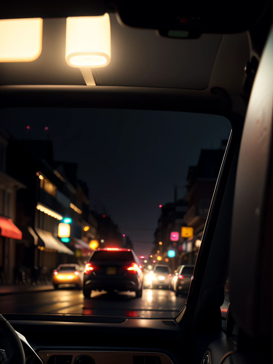 Late night street,Look out from afar in the car,The picture is realistic,Shoot at night,positive,natural style,hdr shot,Inside the car,Look inside the car,Street view directly ahead,中景 the scene is,Blurred foreground,Ultra-clear details,Ultra photo realsisim,Realistic scenarios,telephoto lenses