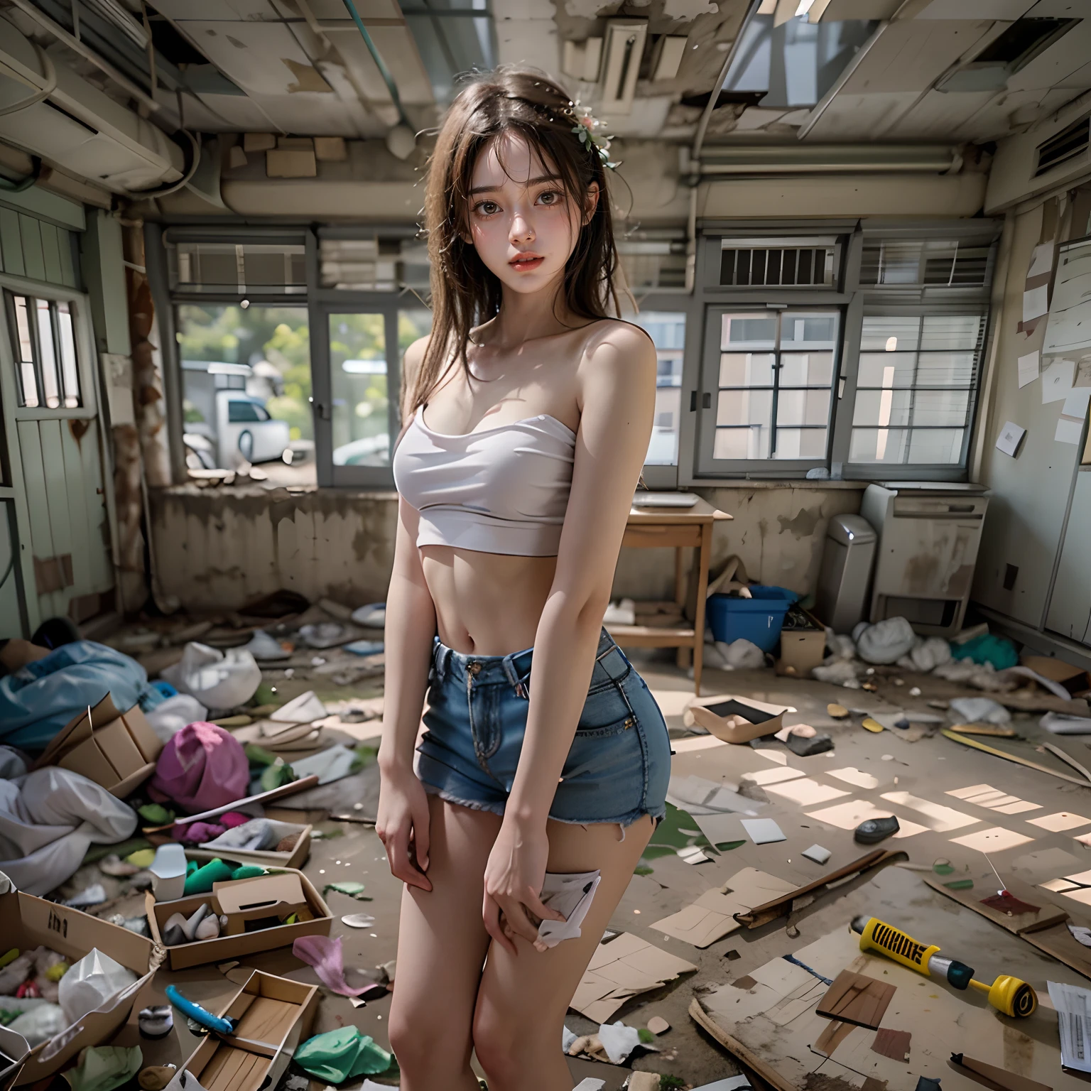 abandoned ruins，Sexy standing pose，full-body portraits（1：1），18 years old girls，Slender and slender figure，Skinny，As thin as a whipping post，Smaller bust，The barefoot，Random nudity all over the body，exhibitionists，Random exposure of genitals，face to the viewer