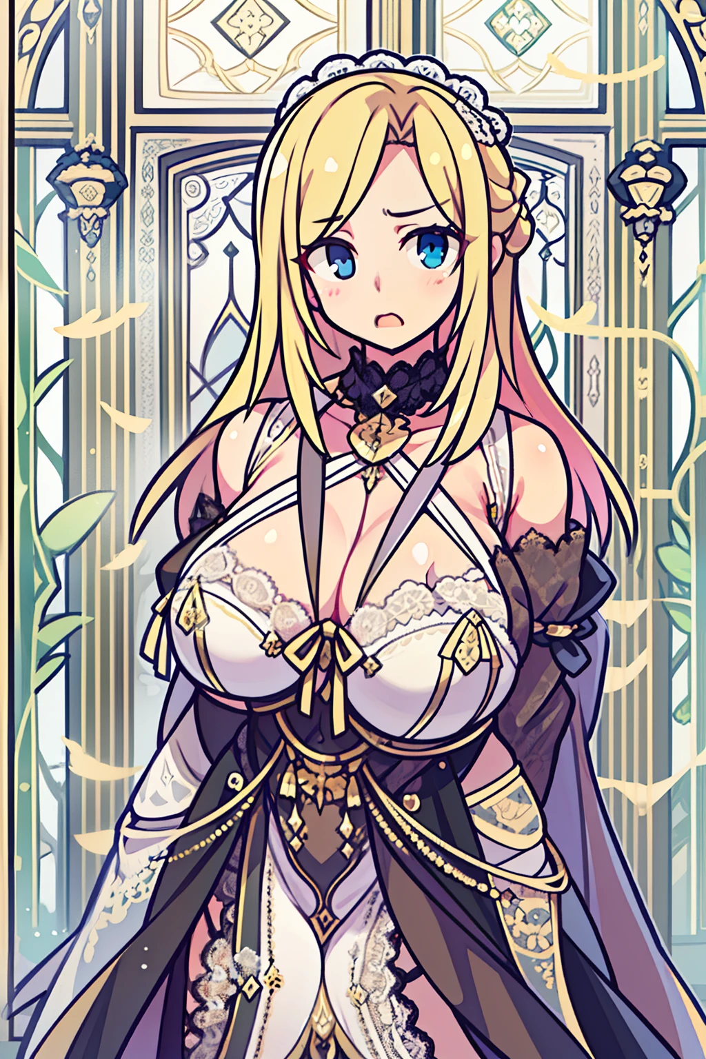 tmasterpiece, best qualtiy, Rich in detail ,(1 girl 1.5),Pathetic look,( girl 1.5),(14ye,full body Esbian,Plump body,stereograms, high details, hyper HD, ccurate,(Michaela 2.5),(Blonde 1.5),side braids,Smudge,(Hazy Beauty 1.5),Wearing a gorgeous lace black and white cloak,((((Blonde 2.5)))),Wear a gorgeous black and white dress,(The dress has gold lace trim:1.5),The dress has a sheer silk lining,blue color eyes,during the day,In the wild,White stockings with white lace、huge-breasted