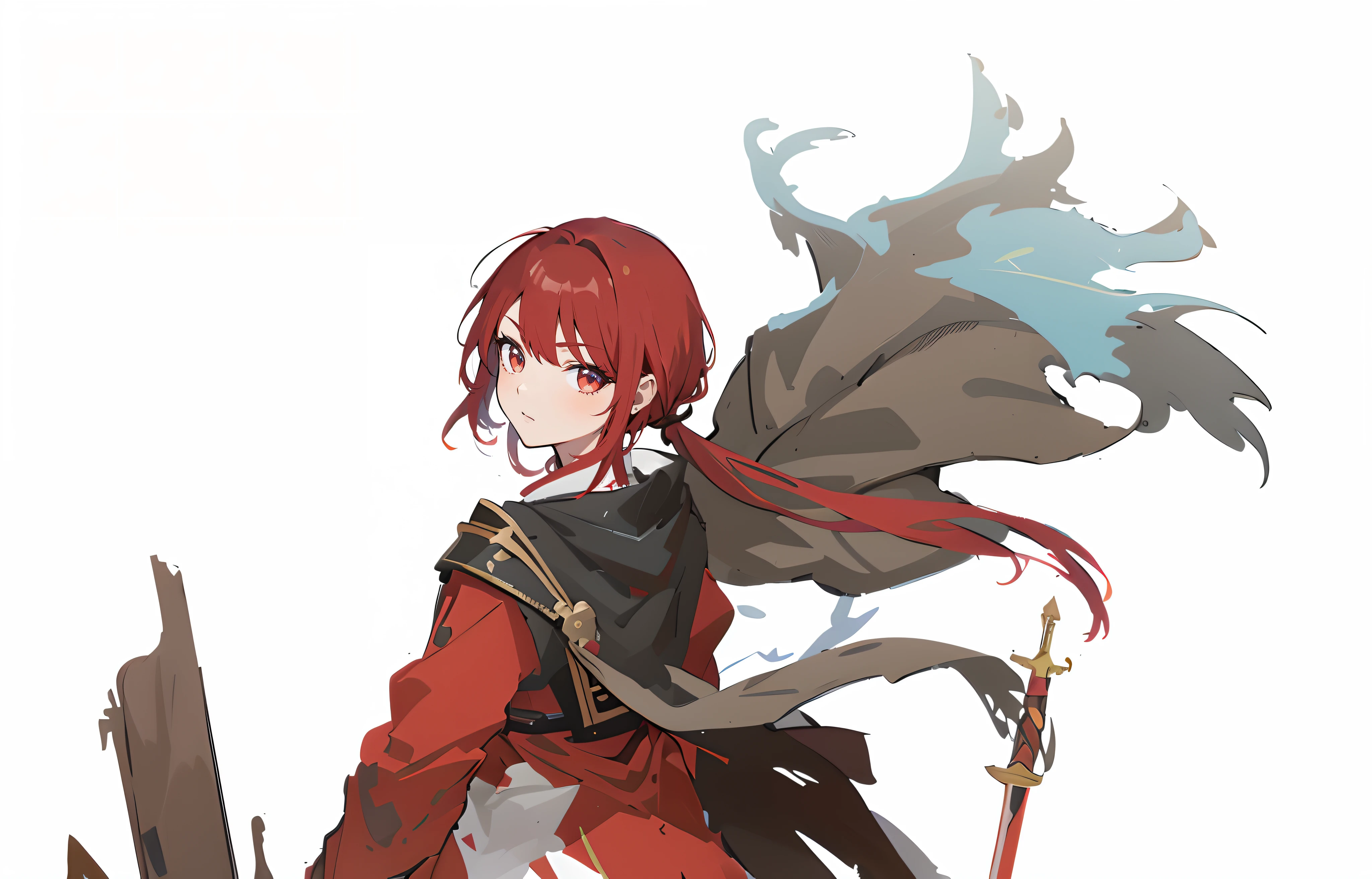 Anime character with red hair and cape holding a sword, Female protagonist, Female protagonist 👀 :8, Ayaka Genshin impact, Genshin, Keqing from Genshin Impact, Genshin impact's character, Guviz, Anime character art, zhongli from genshin impact, detailed anime character art, isekai, official character art, red hooded mage, Also
