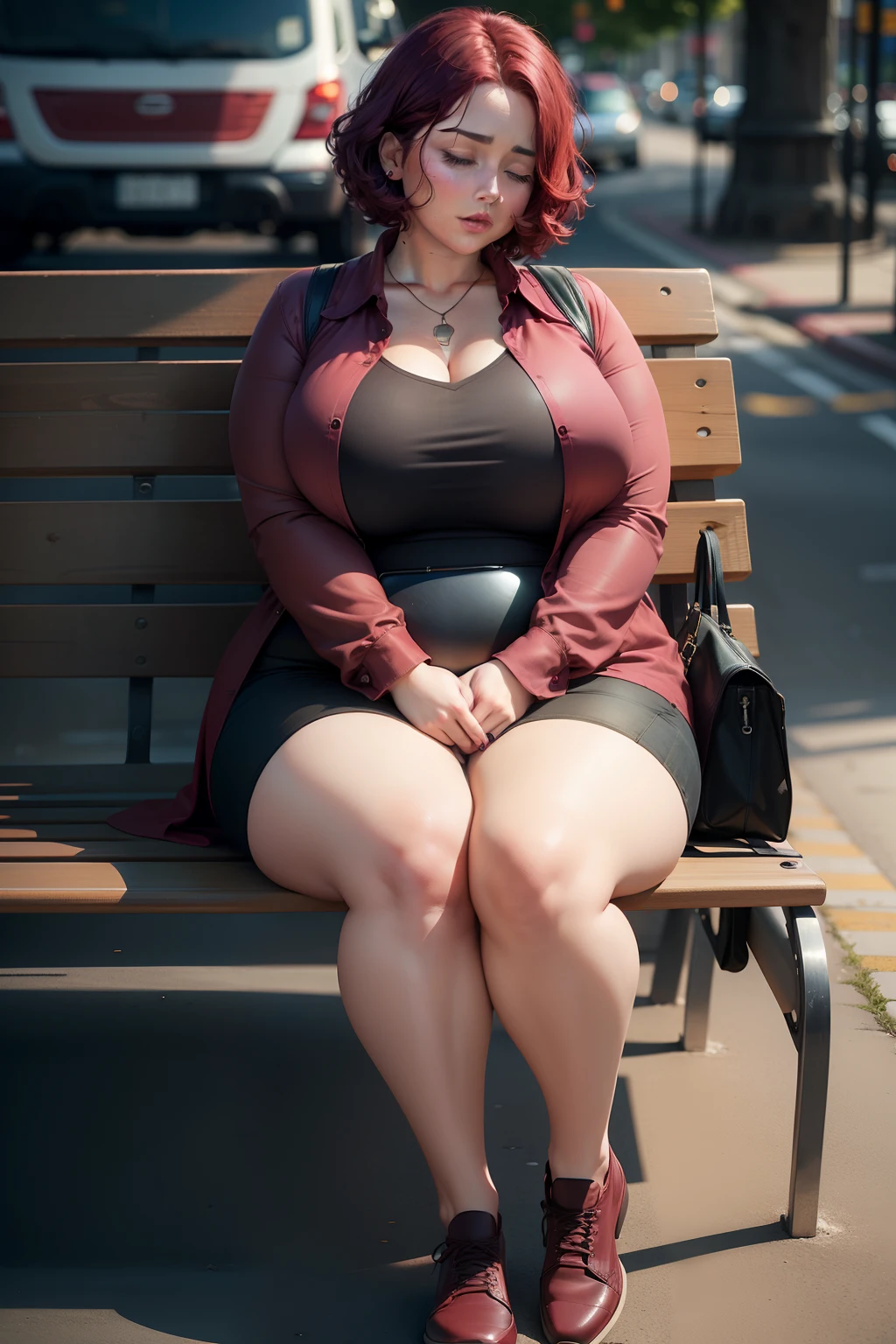 1 beautiful woman, adult, fat woman, large body, maroon hair, short hair, outlined eyelids, made-up eyelids, blouse, red blouse, neckline, black trench coat, blue jeans, shoes, brown bag, hugging her bag, sleeping sitting on it bus, mouth open, eyes closed.