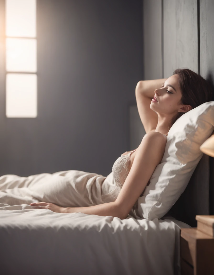 Woman lying on her side on the bed and waking up only her upper body,backshots,, during night, calm night, stylised illustration, cover illustration, Being in a room in a luxury apartment, Justin Sweet, From the side, stylized silhouette、One stroke、Behind the scenes looking at the city、The upper body is not wearing anything、Only the back is visible、Wearing a futon up to your waist、A dark-haired、natta、nighttime scene