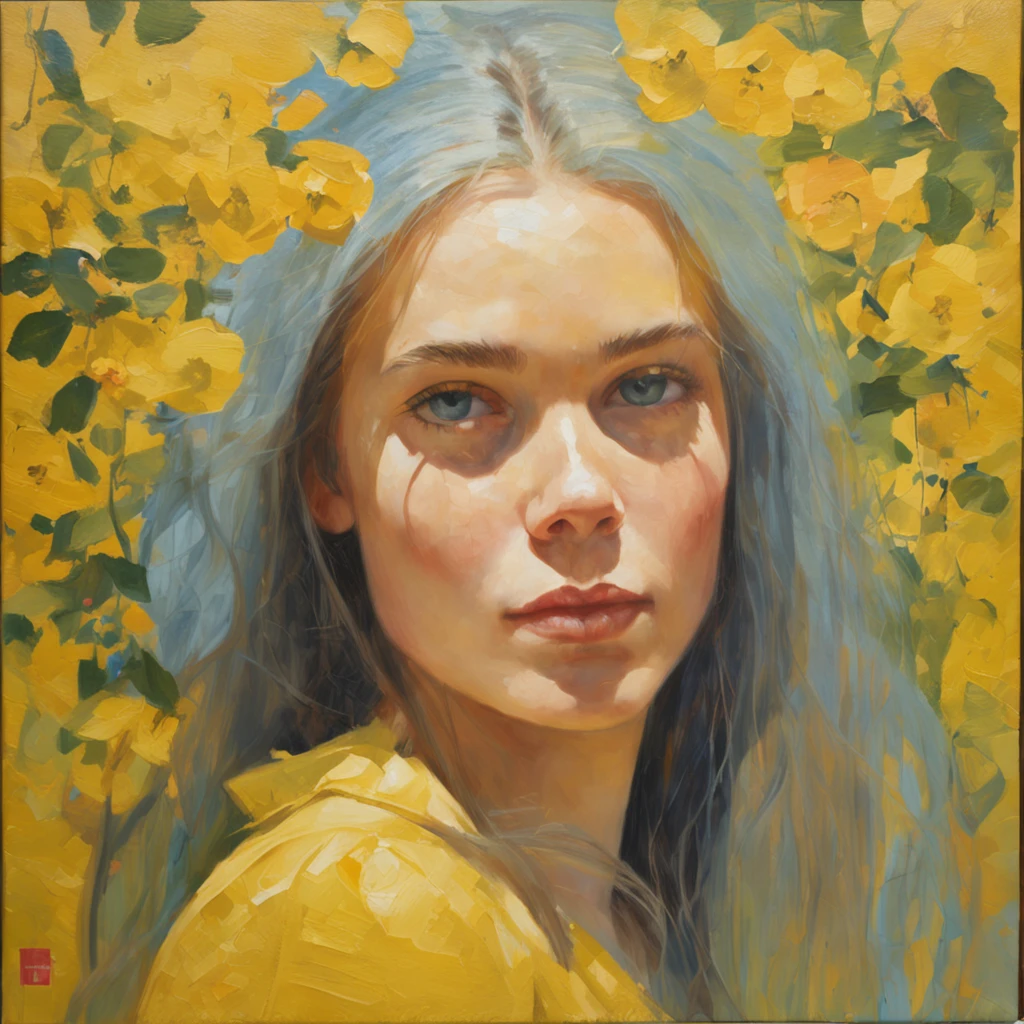 pretty girl with long blue hair, looking straight ahead, wearing a yellow shirt, cherry trees in the background, bright sun illuminating her face from the front ((high quality)) ((super detailed))