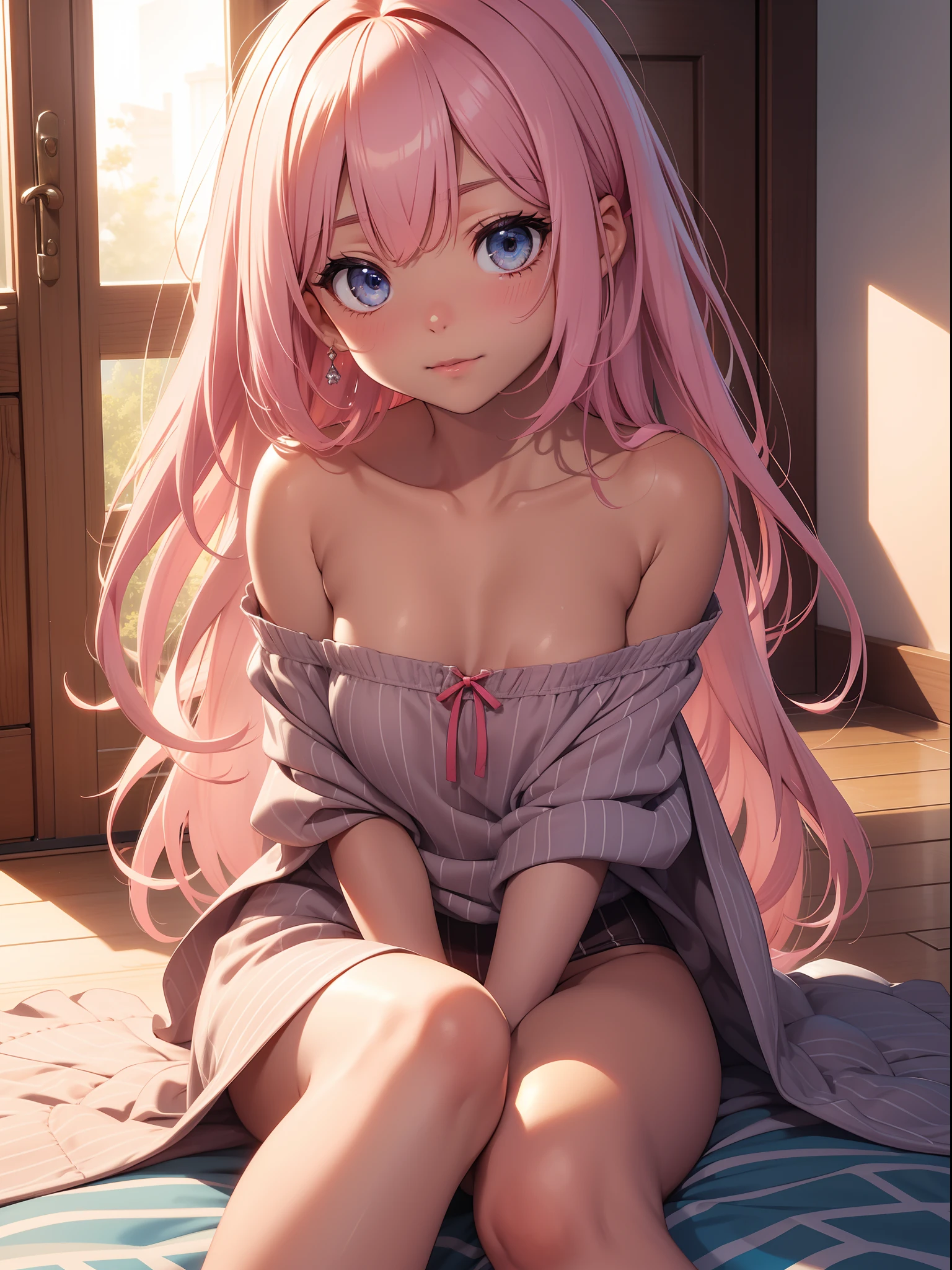 Top quality ultra-detailed CG art、Brown-skinned、Transcendent beauty：１.２）、Pink hair、big eye、Cold eyes、Mid summer、、red blush、Naked shoulders、Blue eyes、sexypose、Naughty Girls、Short stature、kawaii、ssmile、Beautiful feet、Medium Hair、Tight fit underwear with stripes、a room、Upper body close-up、