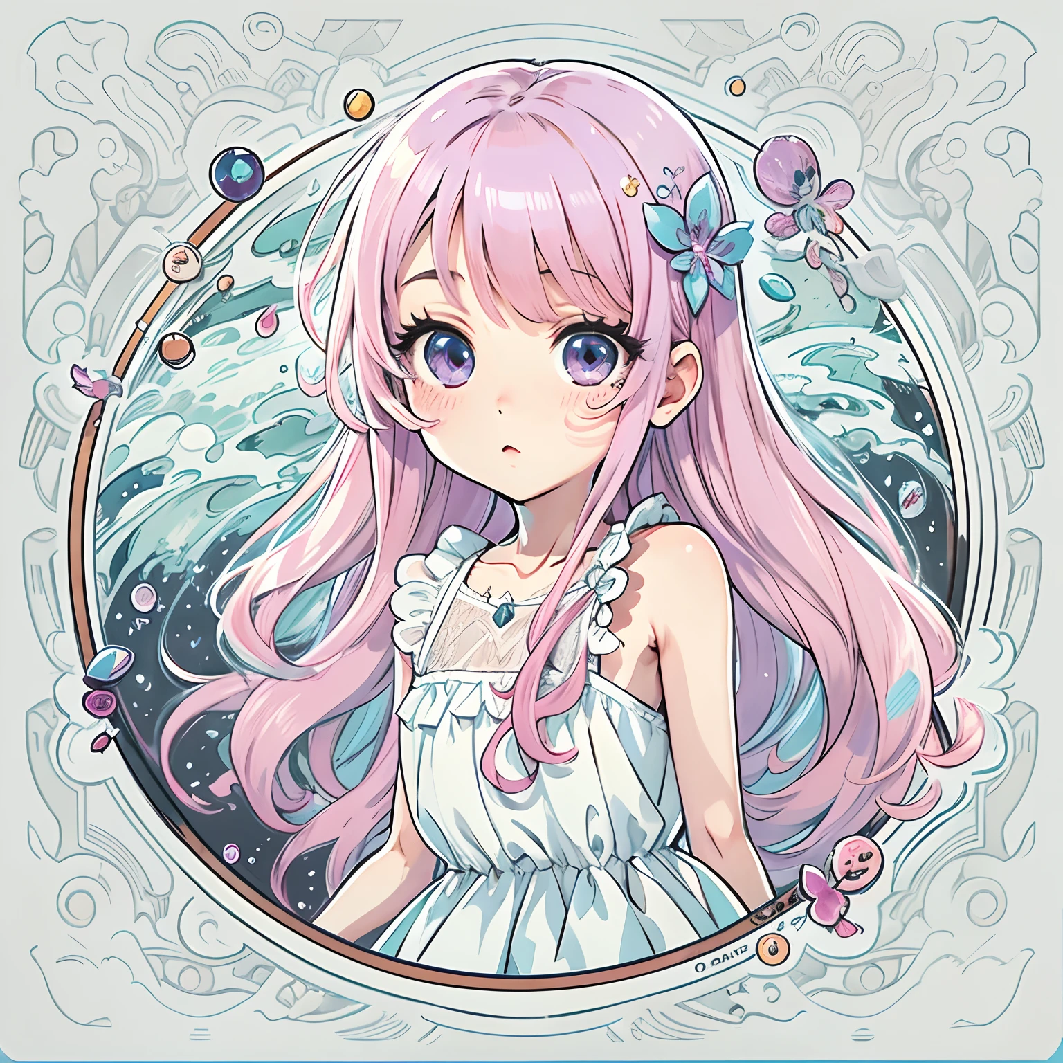 Sticker, Cute anime girl head, Long pink hair,Light blue-purple eyes,dream,White dress,White dress,It is surrounded by the element of water,in circle, White background, Water border,Simple, Ultra detailed, Detailed drawing, vectorised, Silhouette, 8K, professional sticker design, Flat design, Vector lines, Sticker, Drawing, Drawing, Full-HD