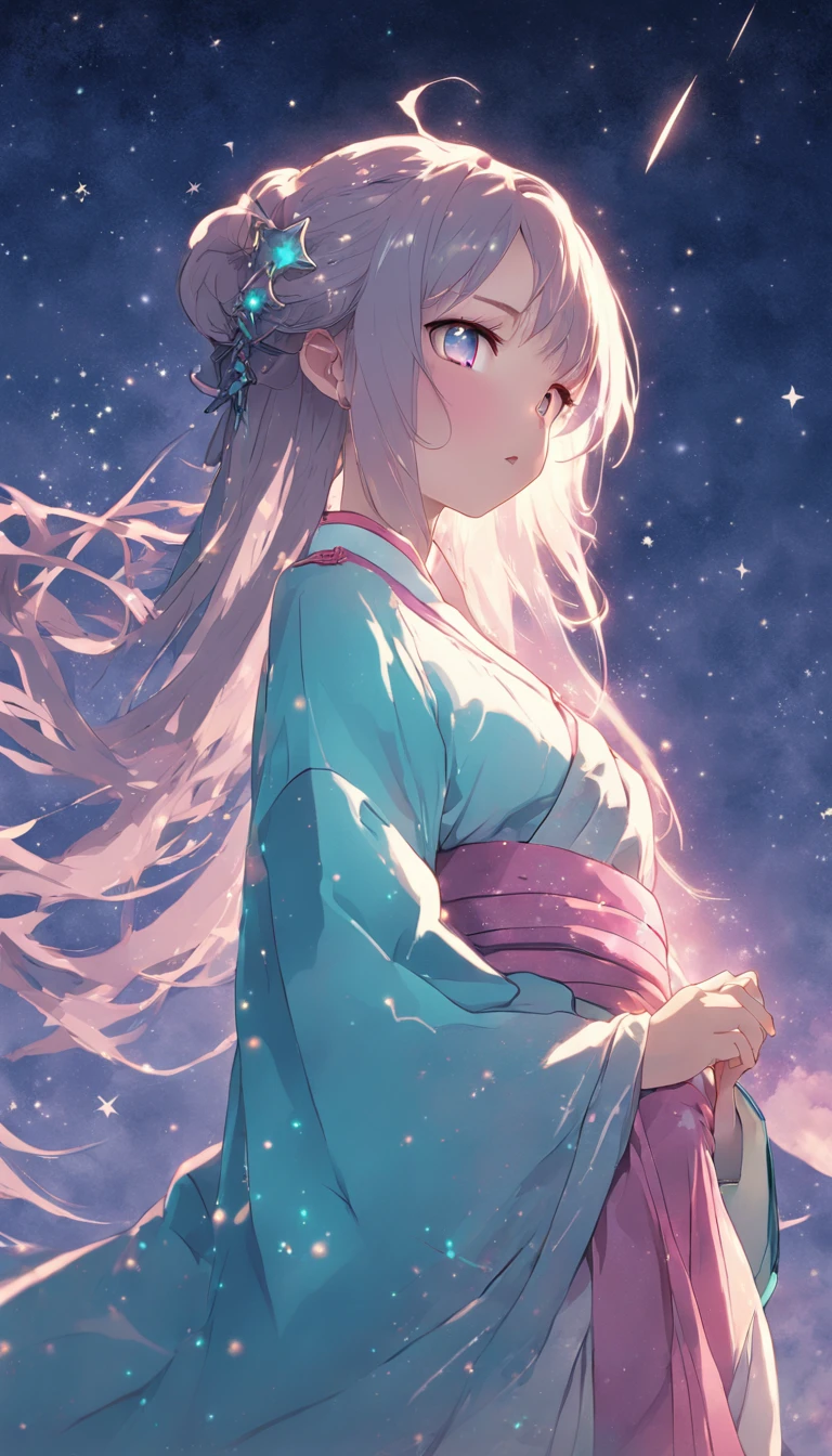 (best qualtiy，tmasterpiece), Beautiful teenage girl, Beautiful goddess, ((period costume, Hanfu, One shoulder)), Beautiful hair accessories, the night, starrysky, cold light, (In pink, cyan colors, white colors), ((From below)), ((full bodyesbian)), ((Realistic))