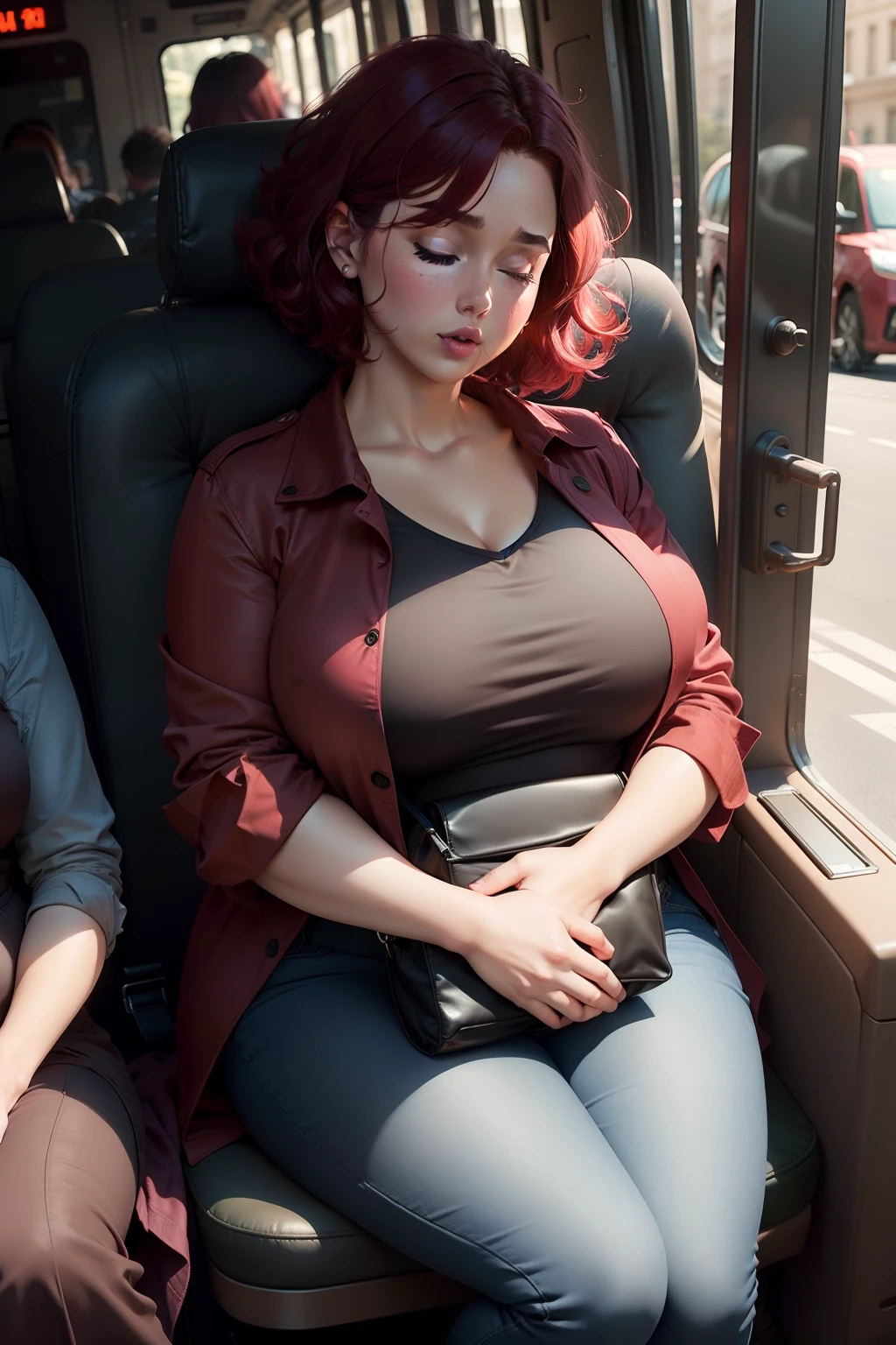 1 beautiful woman, adult, fat woman, large body, maroon hair, short hair, outlined eyelids, made-up eyelids, blouse, red blouse, neckline, black trench coat, blue jeans, shoes, brown bag, hugging her bag, sleeping sitting on it bus, mouth open, eyes closed.