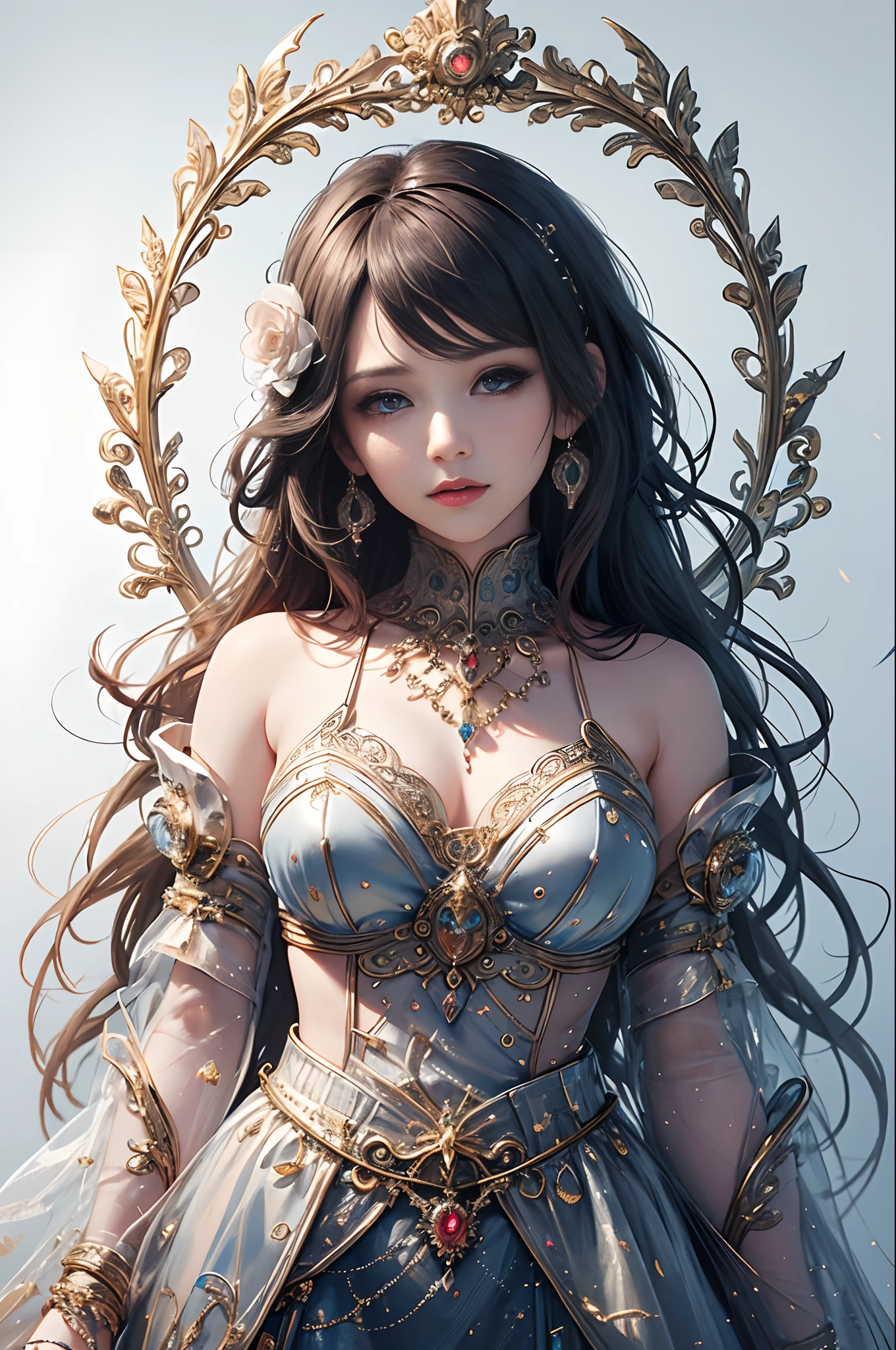(masterpiece, top quality, best quality, official art, beautiful and aesthetic:1.2), (1 fantasy girl), long shapeless hair, extremely detailed, ornate jewellery, fantastical background, (fractal art:1.3),colorful,highest detail.