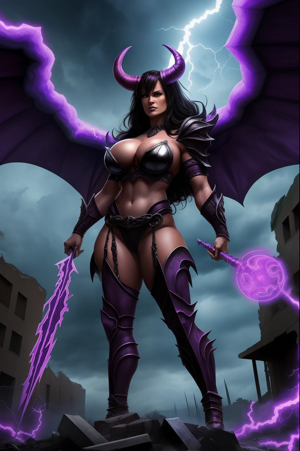 Lisa Ann as a hyper-giant, Hyper-powerful demon with a demon horn on its head and demon wings, and throws purple lightning bolts at a building, ville en ruine post apocalyptique,