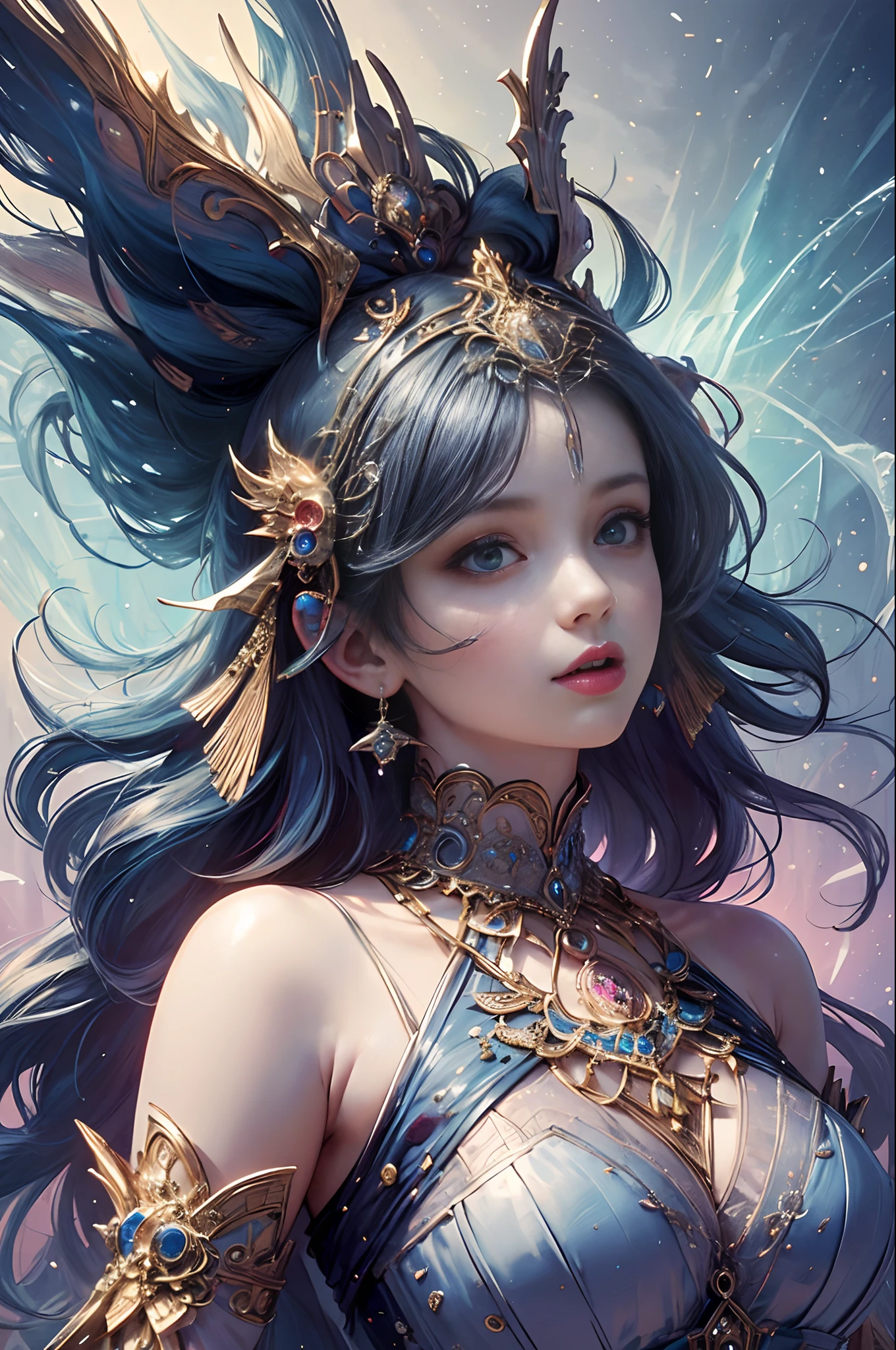 (masterpiece, top quality, best quality, official art, beautiful and aesthetic:1.2), (1 fantasy girl), long shapeless hair, extremely detailed, ornate jewellery, fantastical background, (fractal art:1.3),colorful,highest detail.