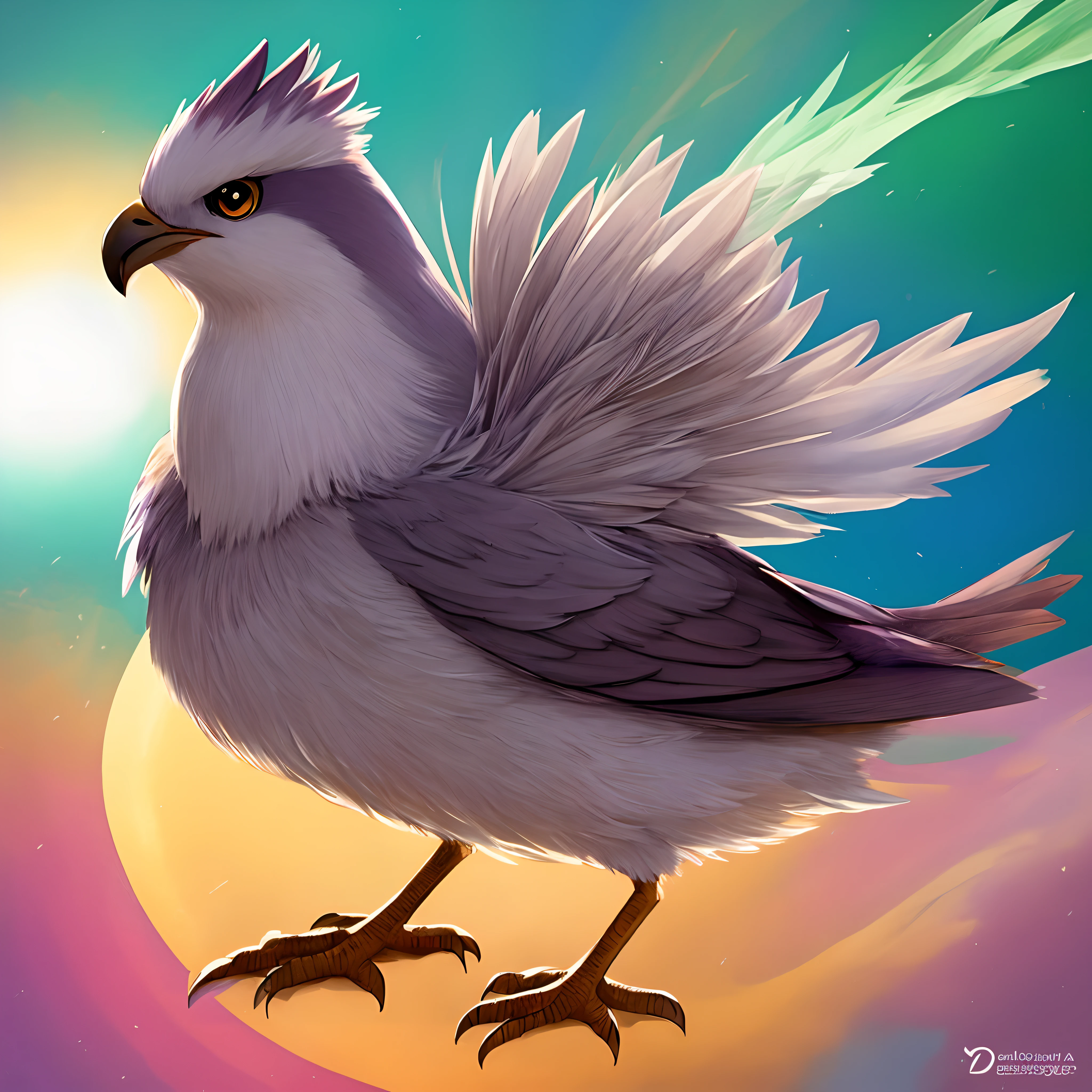 Closeup of the pokemon Pidgey, its brilliant plumage glowing like a miniature rainbow in the sunlight, realistic bird illustration, vector style, art by daniela vasileva