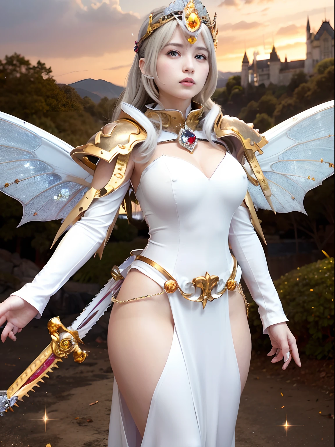 (masutepiece), Professional , masterpiece、top-quality、photos realistic , depth of fields (Gemstone Silver Metal Body:1.9),(Matte White、Jewel Gold Weapon、(Gorgeous castle background)、(ultimate beauty girl)、(Fairy wings grow on her back)、(Jewel Metal Body:1.9),Gorgeous Jewel Metal Weapons , Detailed Sword of the Brave ,( a blond) ,warhammer 40k , adepta sororitas,Detail and ornate jewel crown、独奏、Brown hair、(Gangle's forest background)、Beautiful Caucasian beauty、1a person、dynamic ungle,(((Diamond tiara with detail and luxury)))、a small face、Powerful poses、(Gorgeous castle background)、huge filesize、20 year old beautiful woman、Stand in the center of the screen、Thin female fingers、Straight long hair、Beautiful Caucasian beauty、cleavage of the breast、