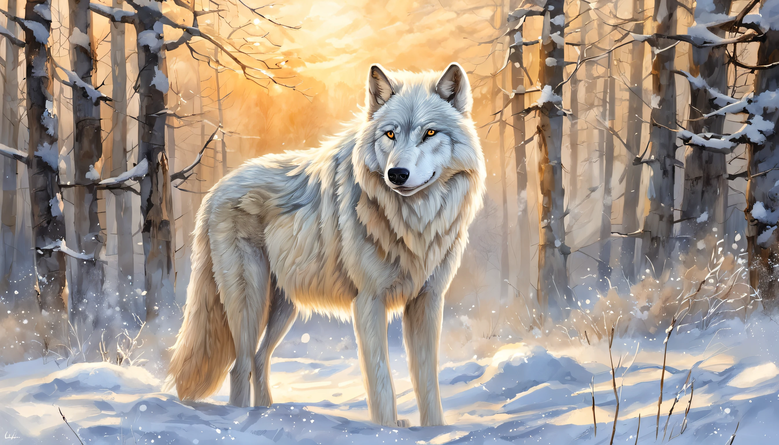 "Majestic white wolf standing in snow-covered landscape, Libere uma aura de beleza e poder."