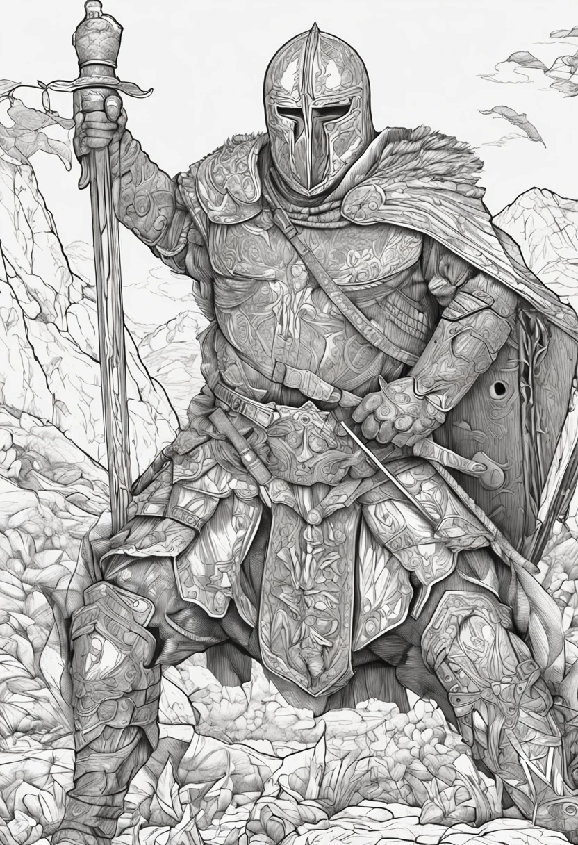 Obra prima, melho qualidade, arte para colorir, Barbaro medieval, Musculoso, Cabelos compridos, Berserk, sem armadura, segurando uma espada super detalhada, cabo da espada com muitos detalhes, armadura detalhada, guerreiro de corpo inteiro, walking towards a dungeon