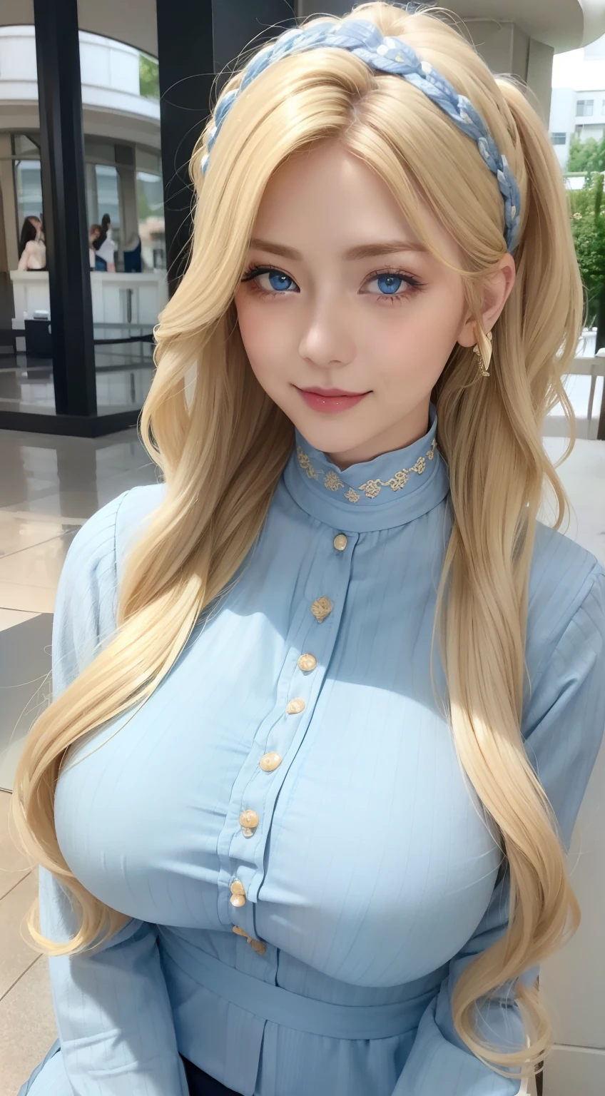 Female((35yo)), Hair((Wavy, Blonde)), Eyes((Smart eyes, Blue eyes)), clothes((High neck clothes, Pattern, cream-colored)), Accessories ((Hair ornaments)), pony tails, Bigboobs, gigantic cleavage breasts, Korean makeup, Smiling, An amusement park, fountain,