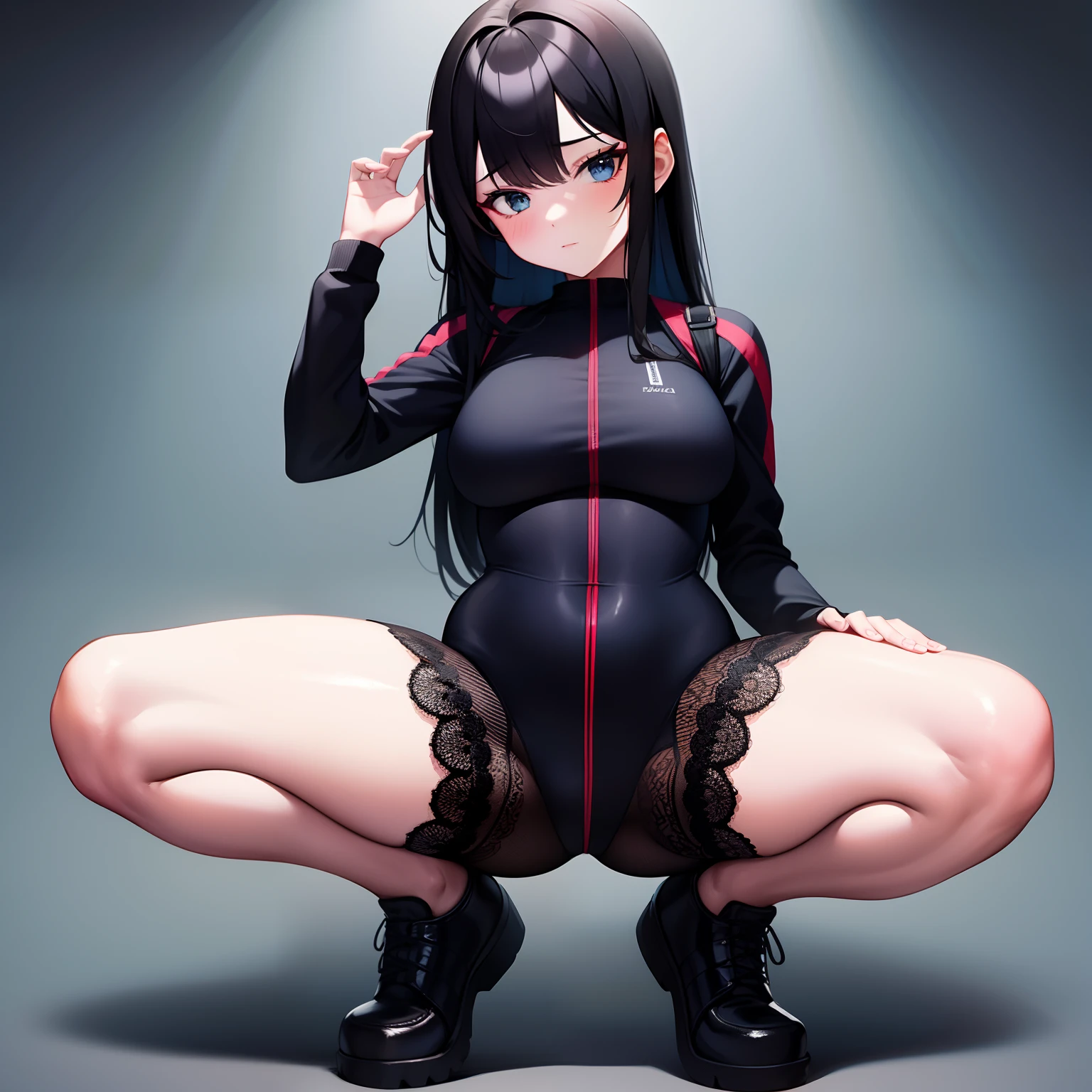 4K Ultra Clear，-yeld gihalf squatting，legs are open，Lace，Black jumpsuits