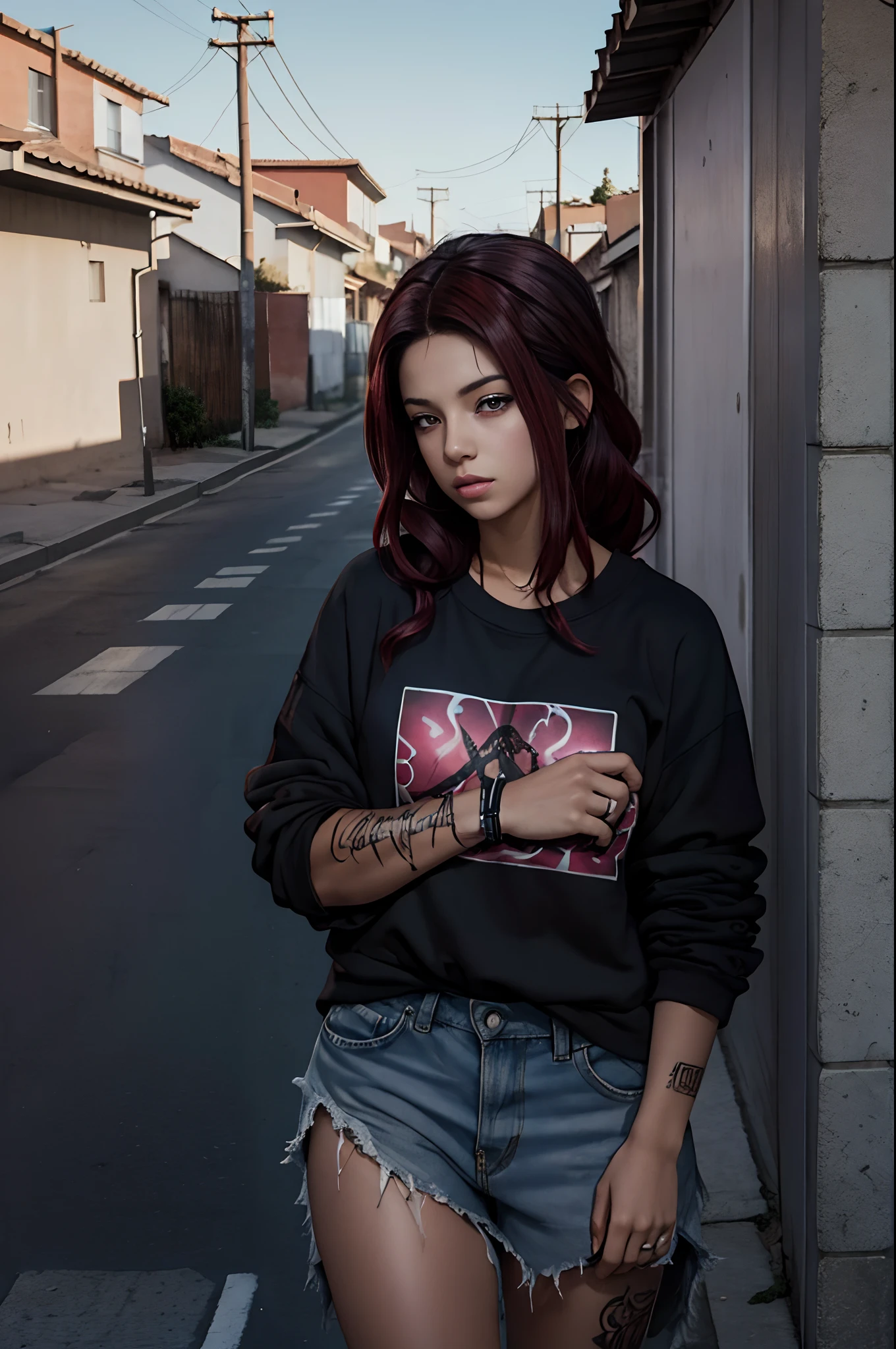 (La mejor calidad) (obra maestra ) Estilo de dibujos animados. A beautiful young woman with an urban look of heavy-punk-metal-rap aesthetic, It seems to be of Spanish origin and has a lot of time, cabello rojo algo rizado. En una calle en un suburbio de una gran ciudad, There is a beat-up car behind to the woman's right and a wall with strange graffiti on her left.. Photoshop-fantasy